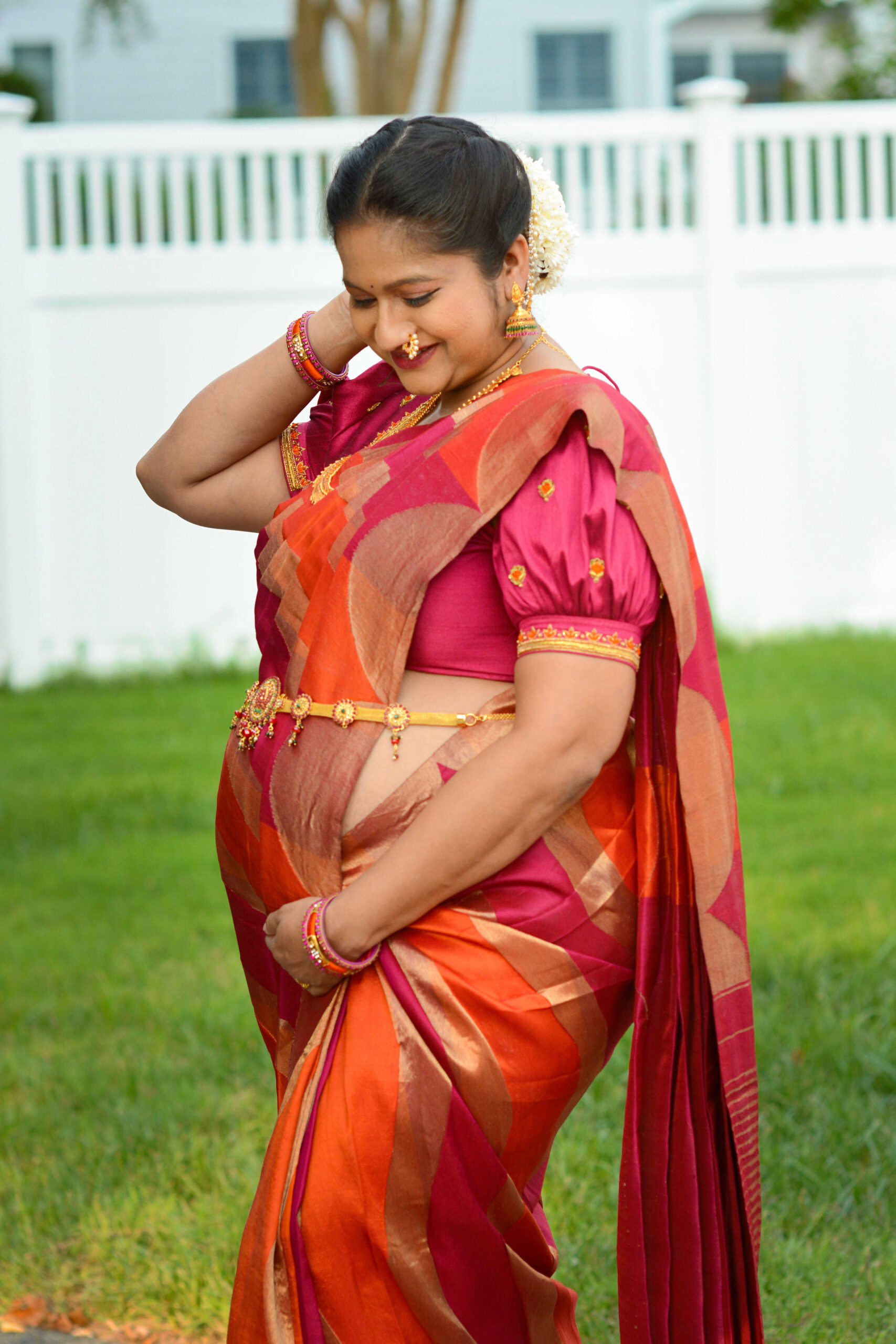 Pregnancy Photoshoot In Traditional Silk Saree- Orange and Pink Kanchipuram silk saree by Top US Saree Blogger Dreaming Loud