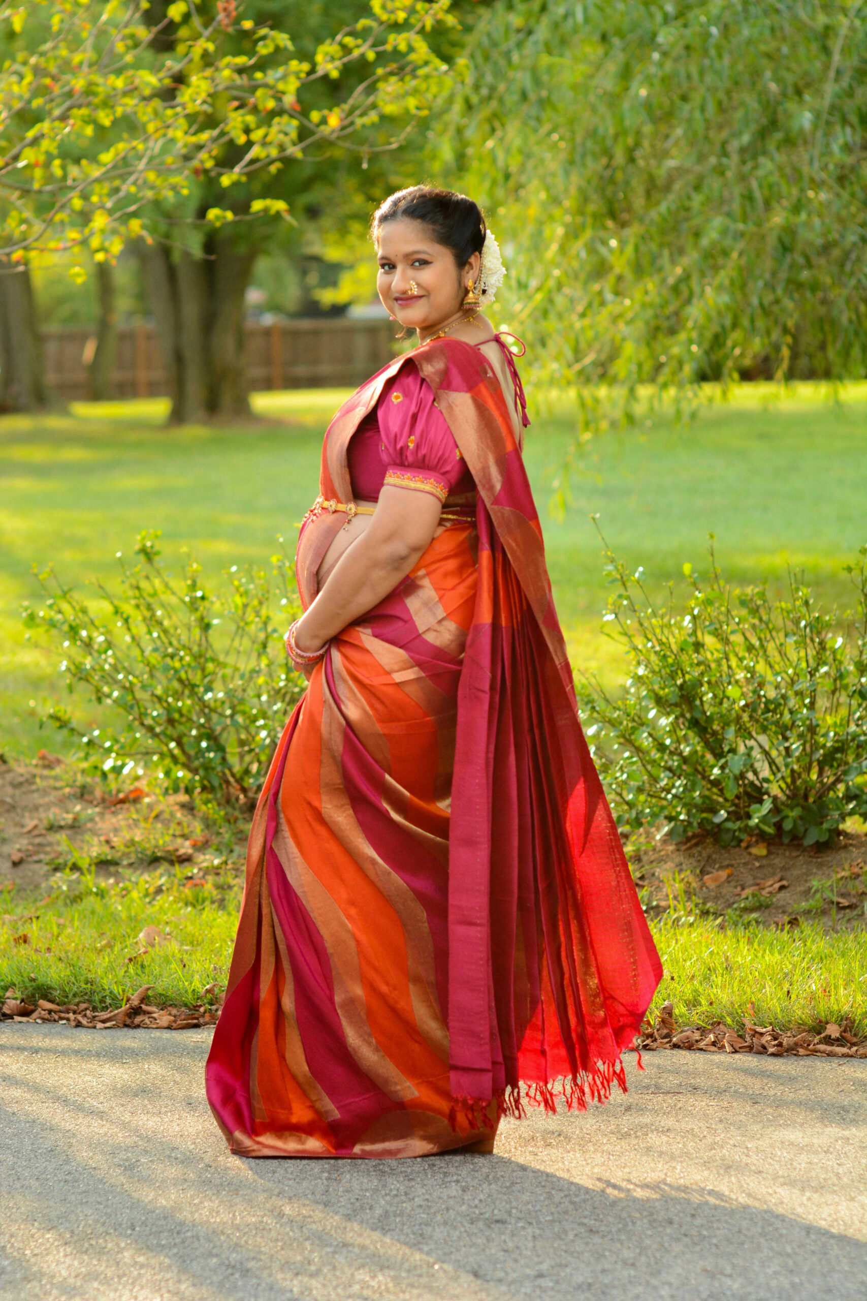 Pregnancy Photoshoot In Traditional Silk Saree- Orange and Pink Kanchipuram silk saree by Top US Saree Blogger Dreaming Loud