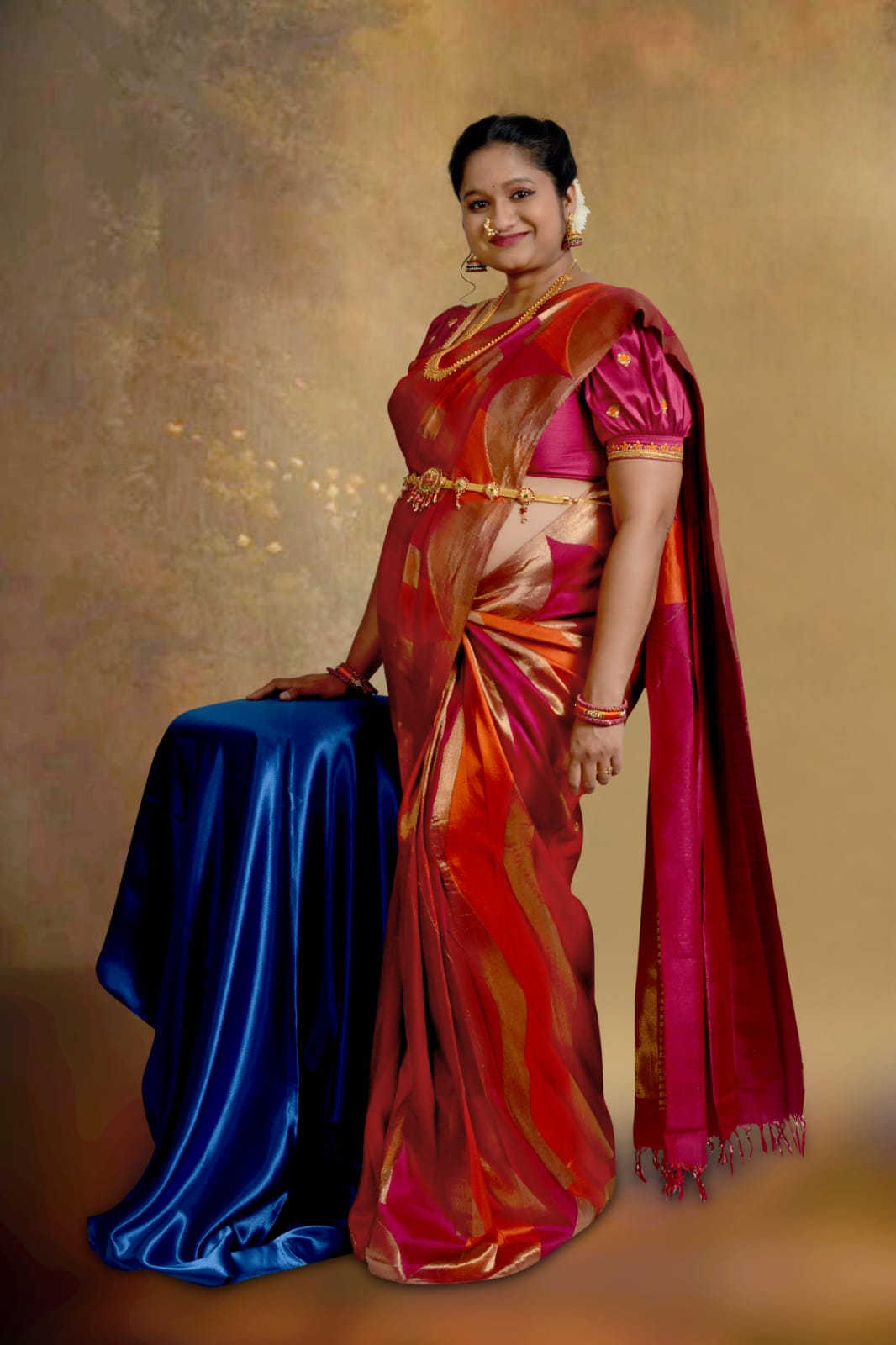 Pregnancy Photoshoot In Traditional Silk Saree- Orange and Pink Kanchipuram silk saree by Top US Saree Blogger Dreaming Loud