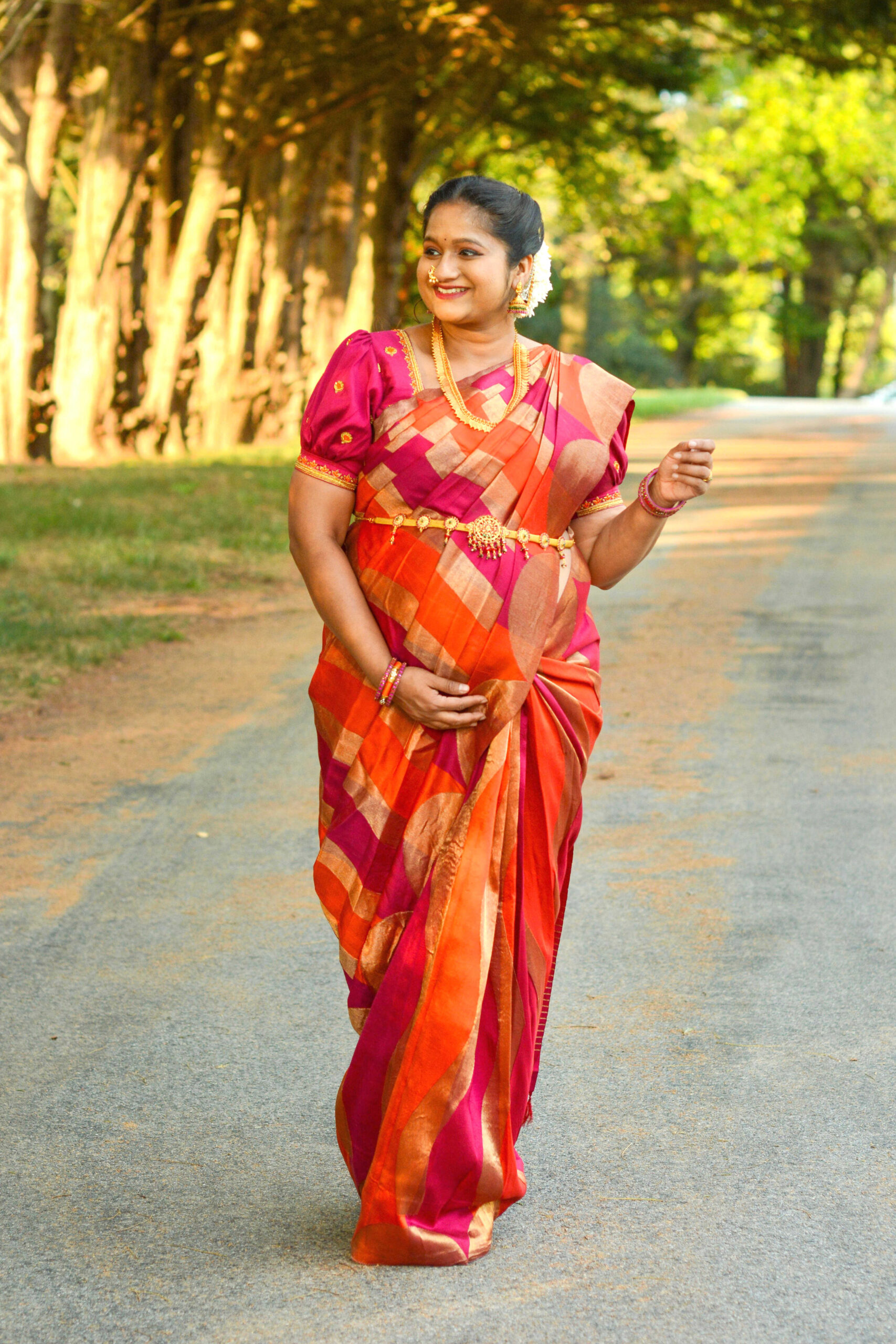 Pregnancy Photoshoot In Traditional Silk Saree- Orange and Pink Kanchipuram silk saree by Top US Saree Blogger Dreaming Loud