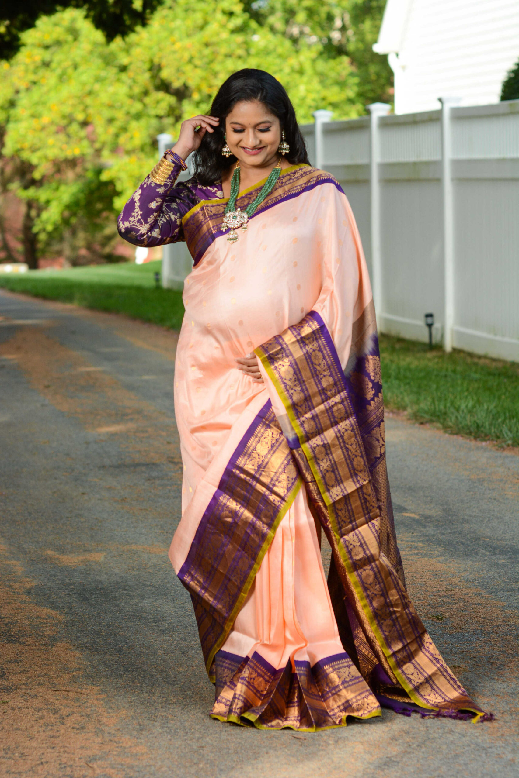 Pregnancy Saree Style- Peach Gadwal Saree With Banarasi Saree Blouse by Top US Indian Blogger Dreaming Loud