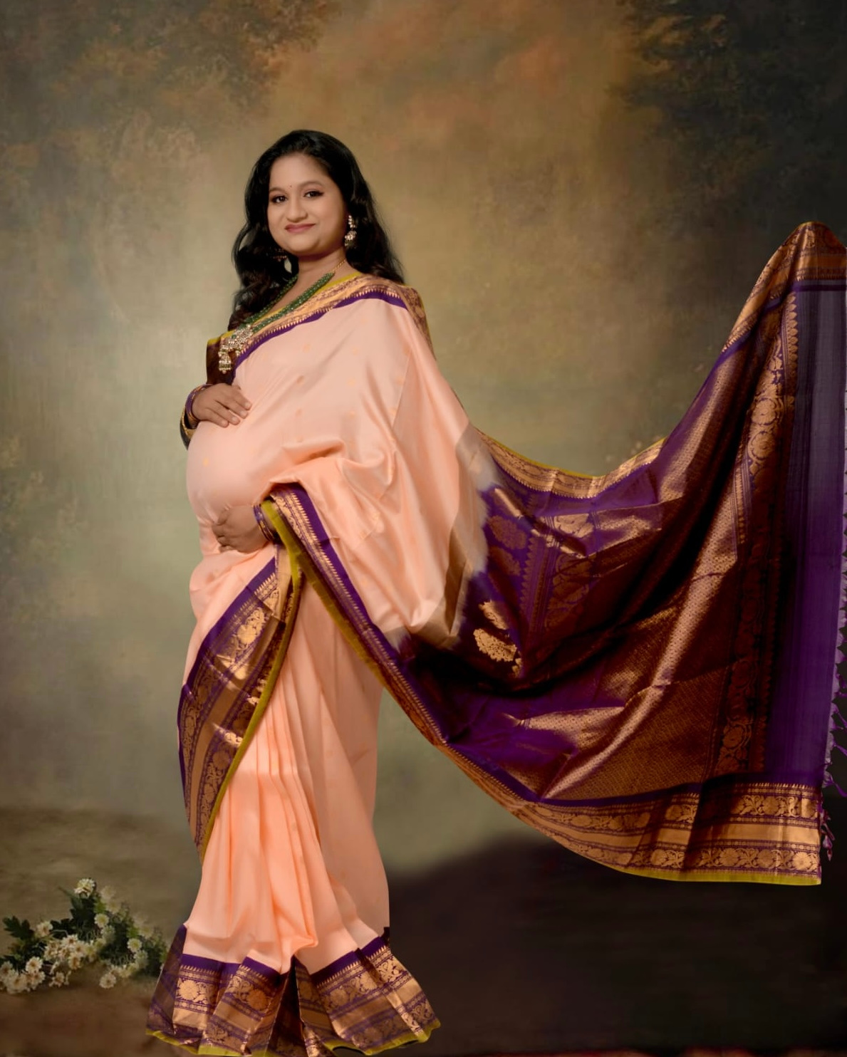 Pregnancy Saree Style- Peach Gadwal Saree With Banarasi Saree Blouse by Top US Indian Blogger Dreaming Loud