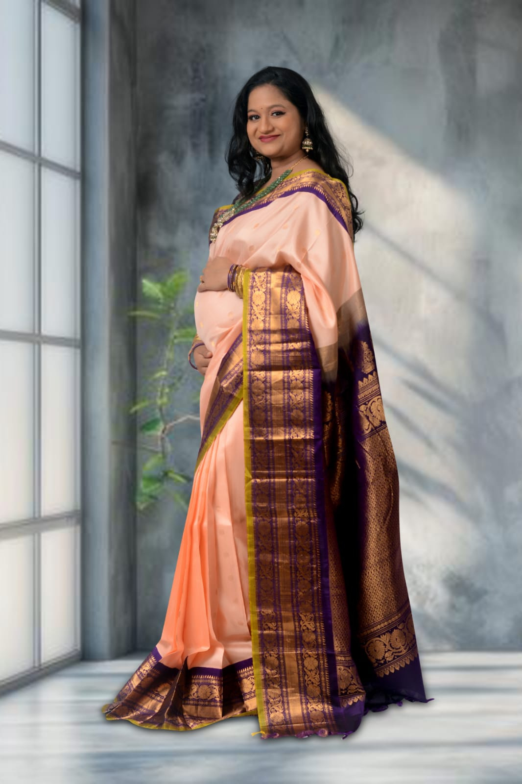 Pregnancy Saree Style- Peach Gadwal Saree With Banarasi Saree Blouse by Top US Indian Blogger Dreaming Loud