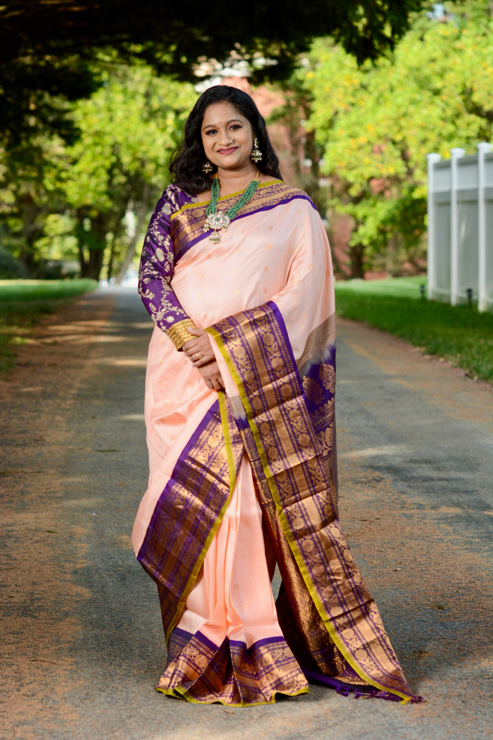 Pregnancy Saree Style- Peach Gadwal Saree With Banarasi Saree Blouse by Top US Indian Blogger Dreaming Loud