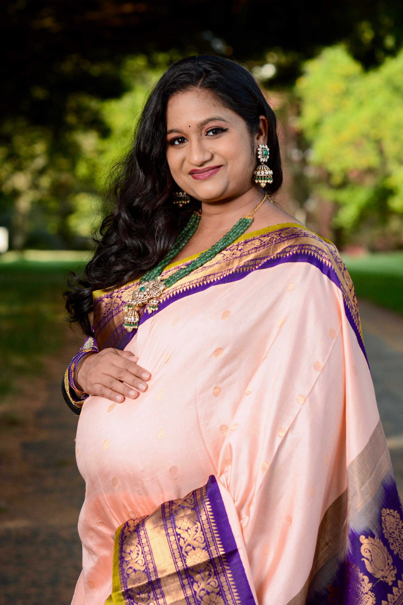 Pregnancy Saree Style- Peach Gadwal Saree With Banarasi Saree Blouse by Top US Indian Blogger Dreaming Loud