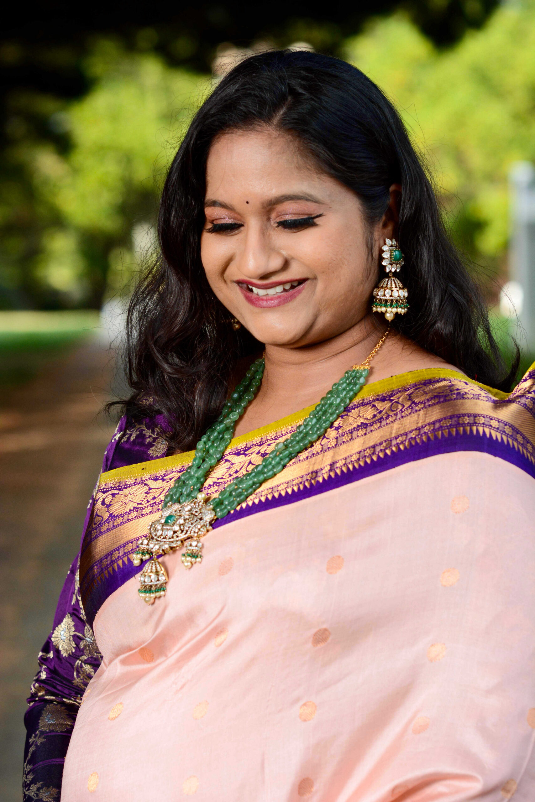 Pregnancy Saree Style- Peach Gadwal Saree With Banarasi Saree Blouse by Top US Indian Blogger Dreaming Loud