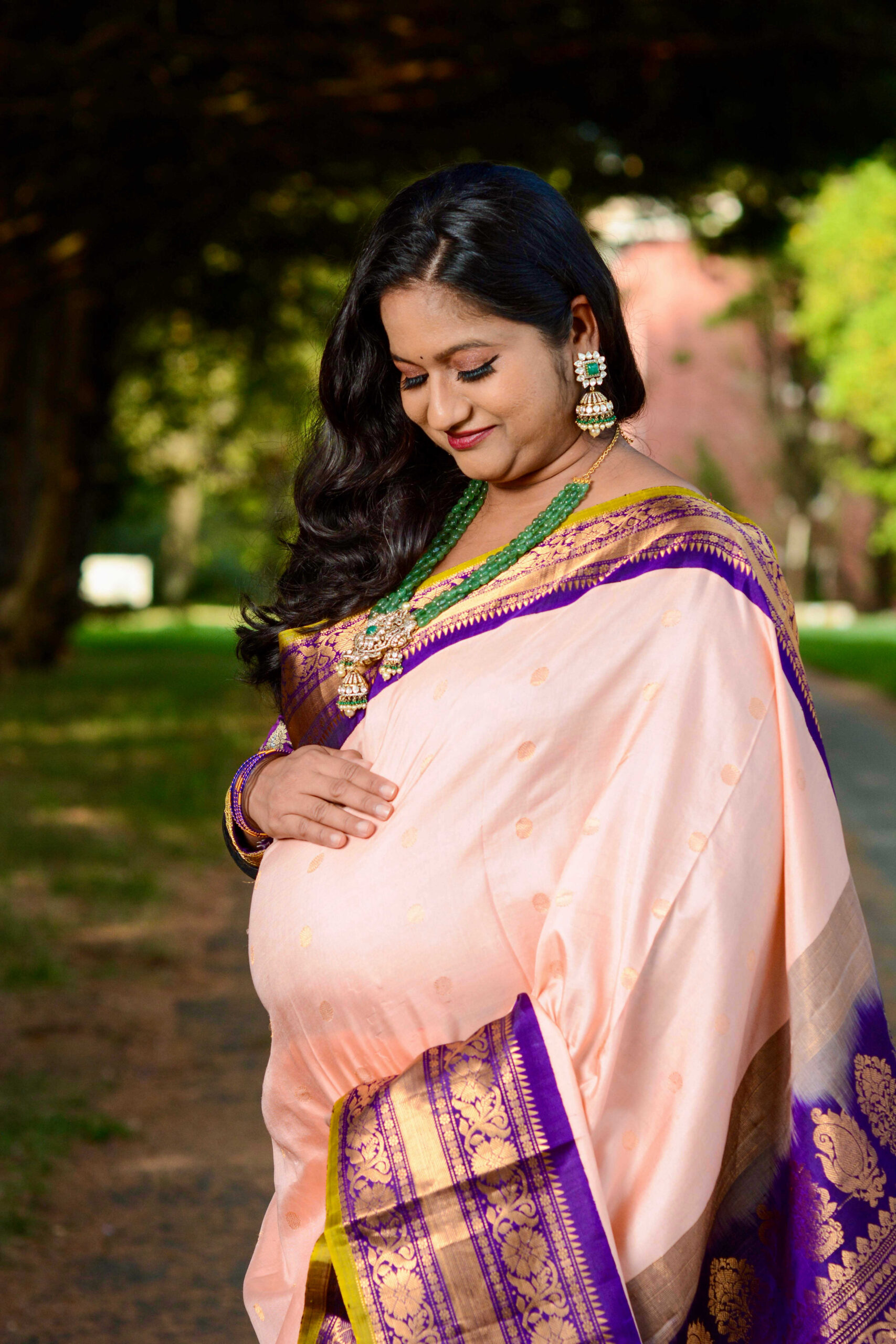 Pregnancy Saree Style- Peach Gadwal Saree With Banarasi Saree Blouse by Top US Indian Blogger Dreaming Loud