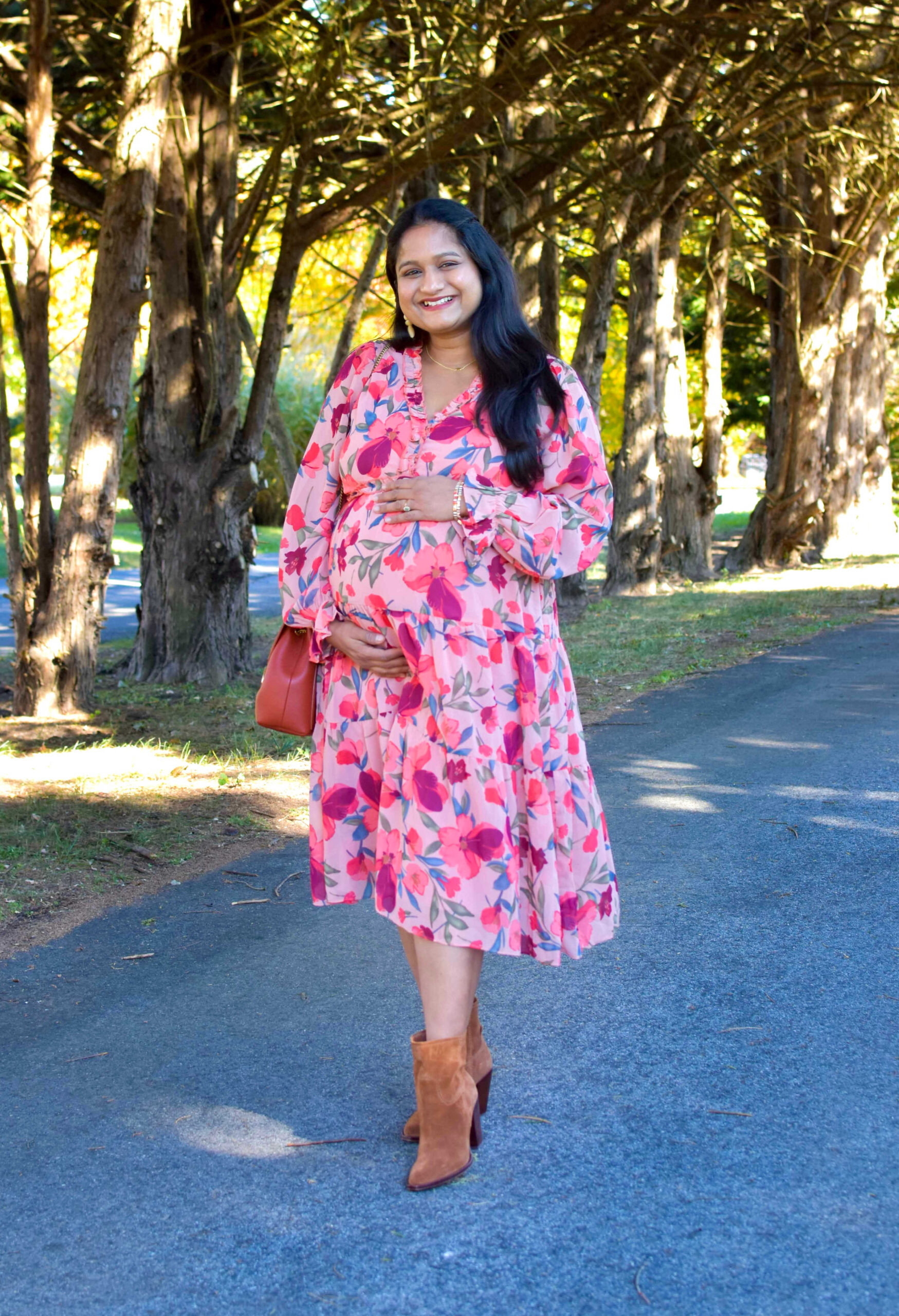 Maternity Holiday Outfit Ideas -Maternity shoot dresses- Wearing Pinkb- Wearing Pinkblush Maternity Mauve Floral Ruffle V-Neck Maternity Dress by top US Mom Fashion Blogger Dreaming Loud