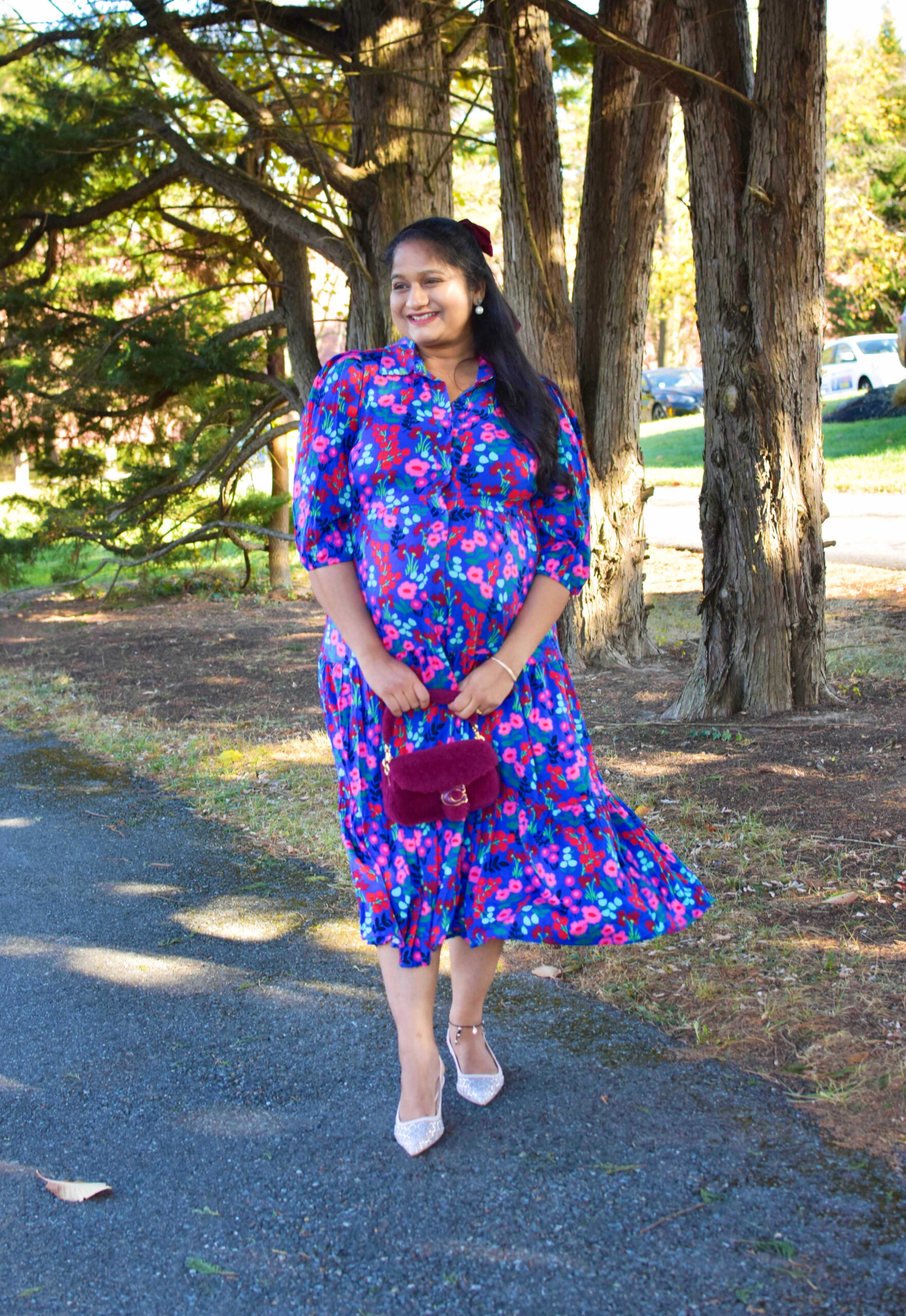 Maternity Holiday Outfit Ideas-Wearing Crown & Ivy Midi Challis Shirtdress, Coach Pillow Tabby Shoulder Bag by Top US Mom Fashion Blogger Dreaming Loud