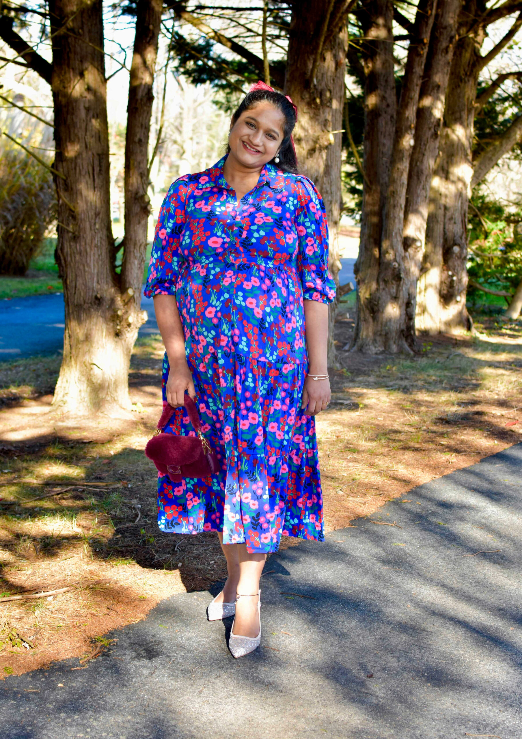 Maternity Holiday Outfit Ideas-Wearing Crown & Ivy Midi Challis Shirtdress, Coach Pillow Tabby Shoulder Bag by Top US Mom Fashion Blogger Dreaming Loud