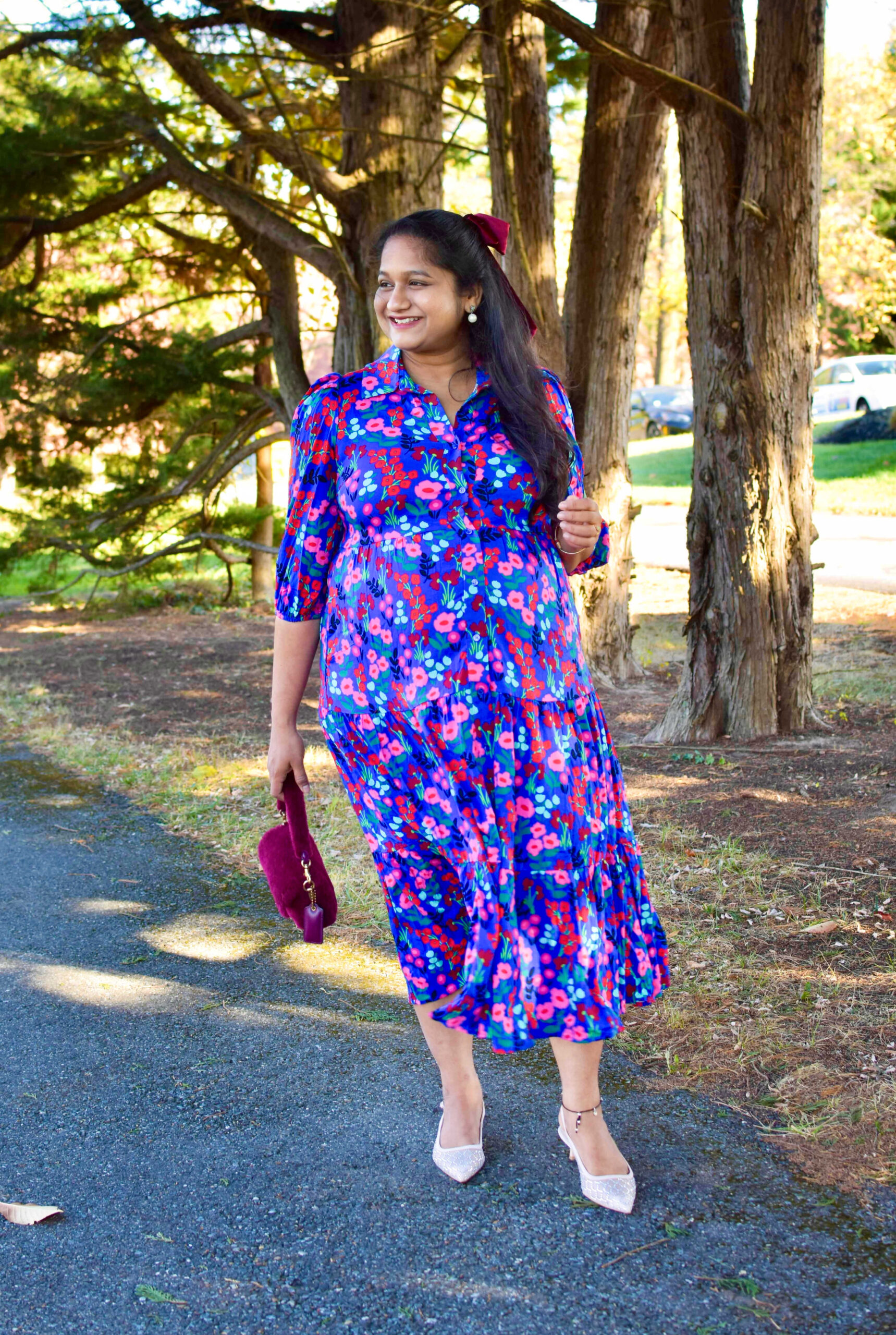 Maternity Holiday Outfit Ideas-Wearing Crown & Ivy Midi Challis Shirtdress, Coach Pillow Tabby Shoulder Bag by Top US Mom Fashion Blogger Dreaming Loud