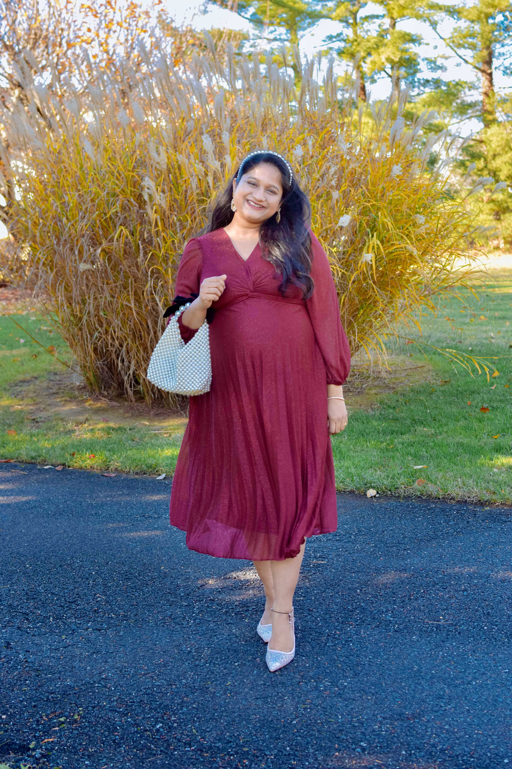 Maternity Holiday Outfit Ideas-Wearing Maison Tara V-Neck Knot Bodice Pleated Midi Dress, Target Gigi Embellished Slingback Kitten Heels by Top US Fashion Blogger Dreaming Loud