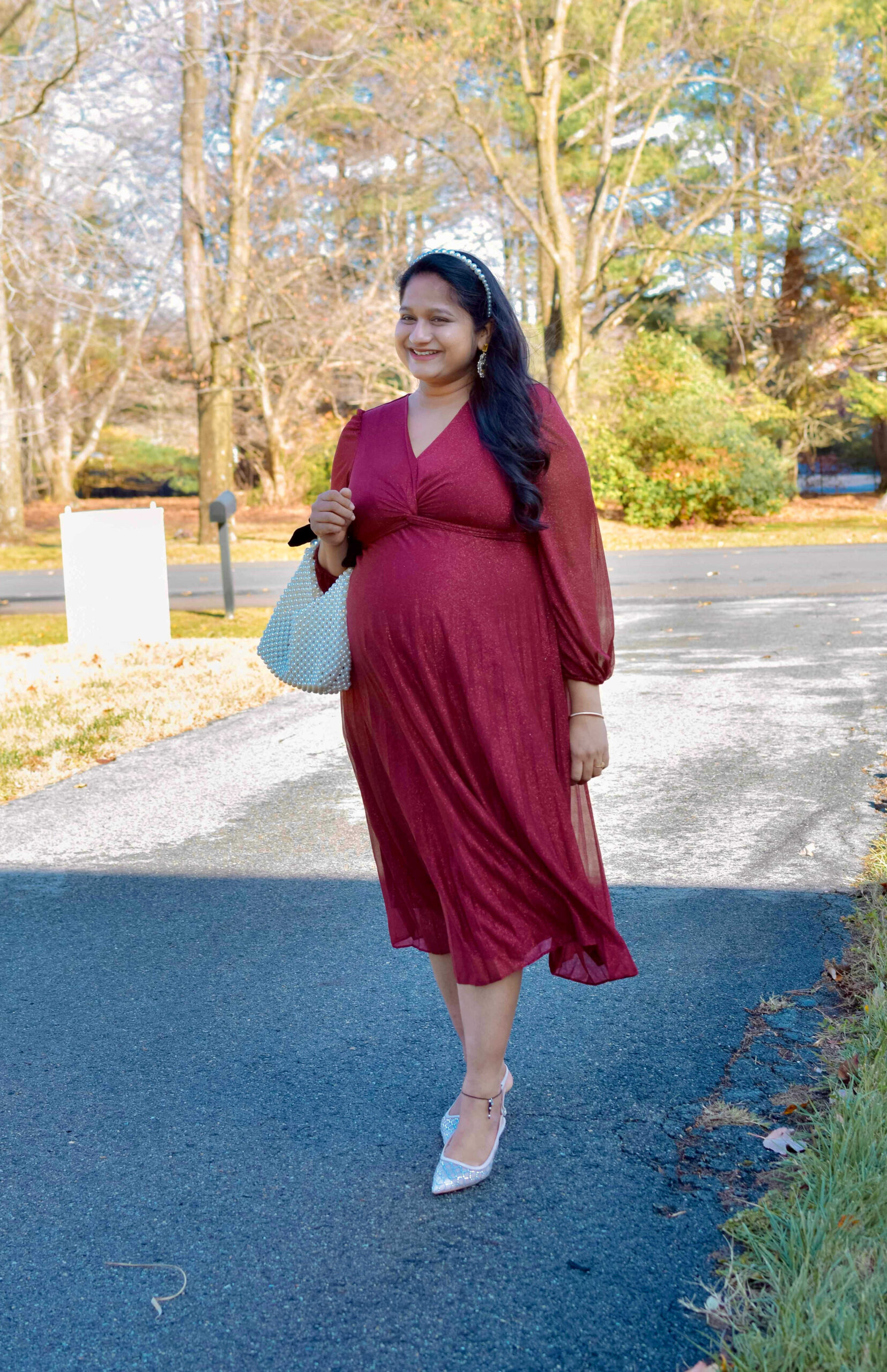 Maternity Holiday Outfit Ideas-Wearing Maison Tara V-Neck Knot Bodice Pleated Midi Dress, Target Gigi Embellished Slingback Kitten Heels by Top US Mom Fashion Blogger Dreaming Loud