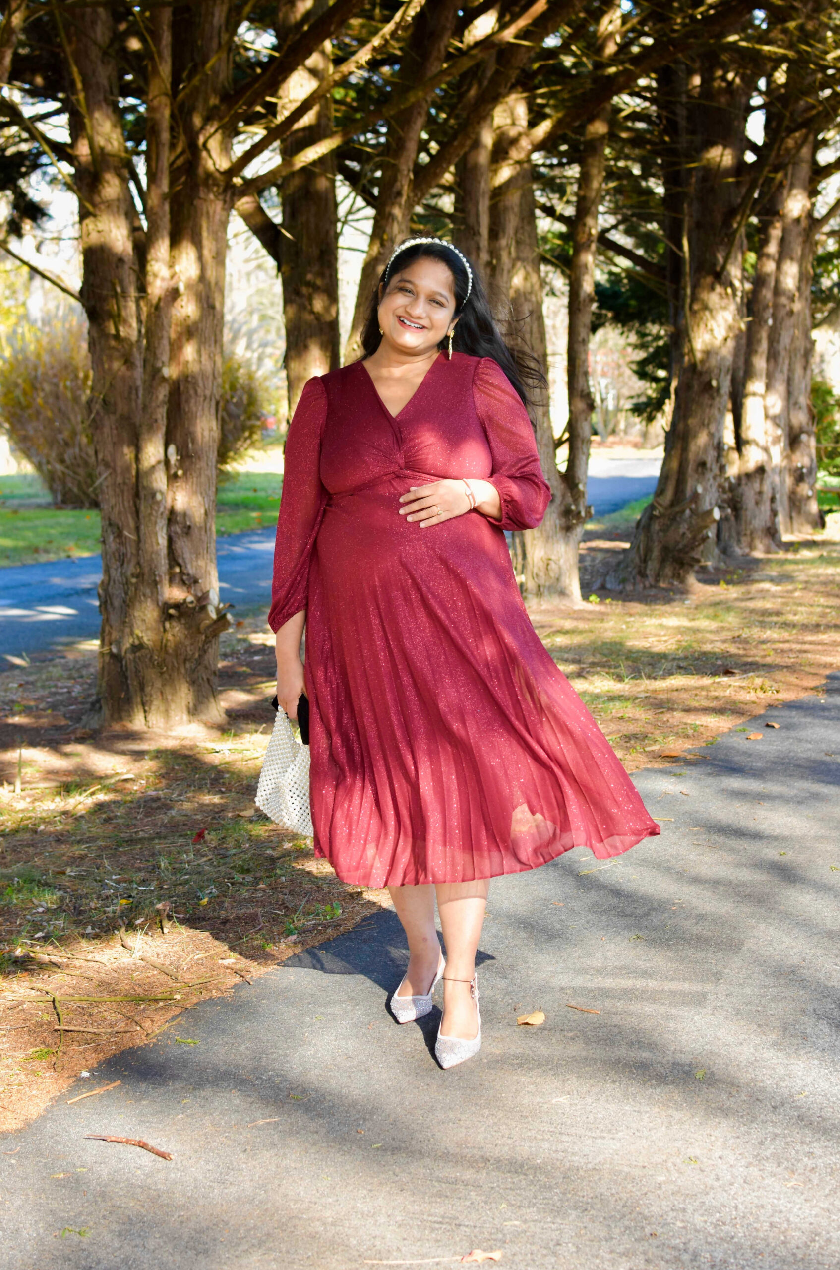 Maternity Holiday Outfit Ideas-Wearing Maison Tara V-Neck Knot Bodice Pleated Midi Dress, Target Gigi Embellished Slingback Kitten Heels by Top US Mom Fashion Blogger Dreaming Loud