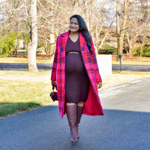 Maternity Holiday Outfit Ideas- Wearing Vince Camuto Women's Drop Shoulder Sweater Midi Dress, Dolce Vita Auggie Boots by Top US Mom Fashion Blogger Dreamijng Loud