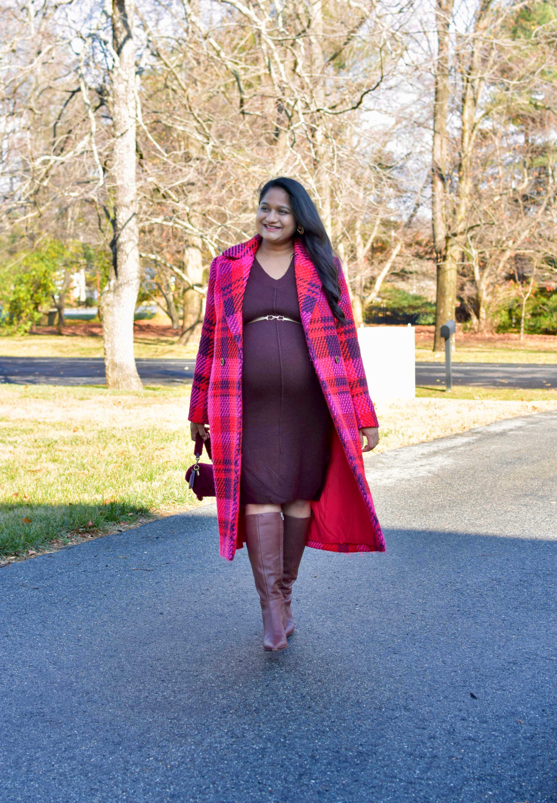 Maternity Holiday Outfit Ideas- Wearing Vince Camuto Women's Drop Shoulder Sweater Midi Dress, Dolce Vita Auggie Boots by Top US Mom Fashion Blogger Dreamijng Loud