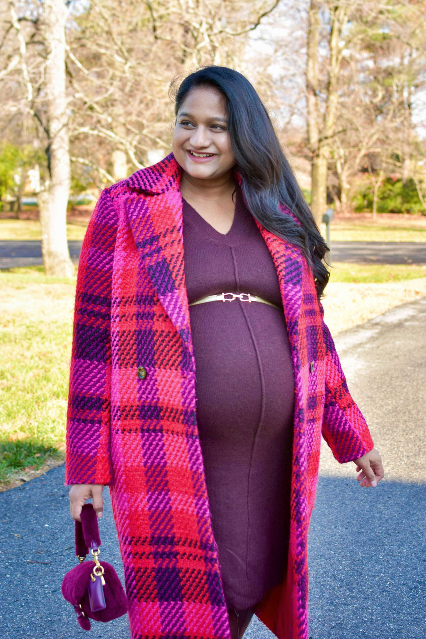 Maternity Holiday Outfit Ideas- Wearing Vince Camuto Women's Drop Shoulder Sweater Midi Dress, Dolce Vita Auggie Boots by Top US Mom Fashion Blogger Dreamijng Loud