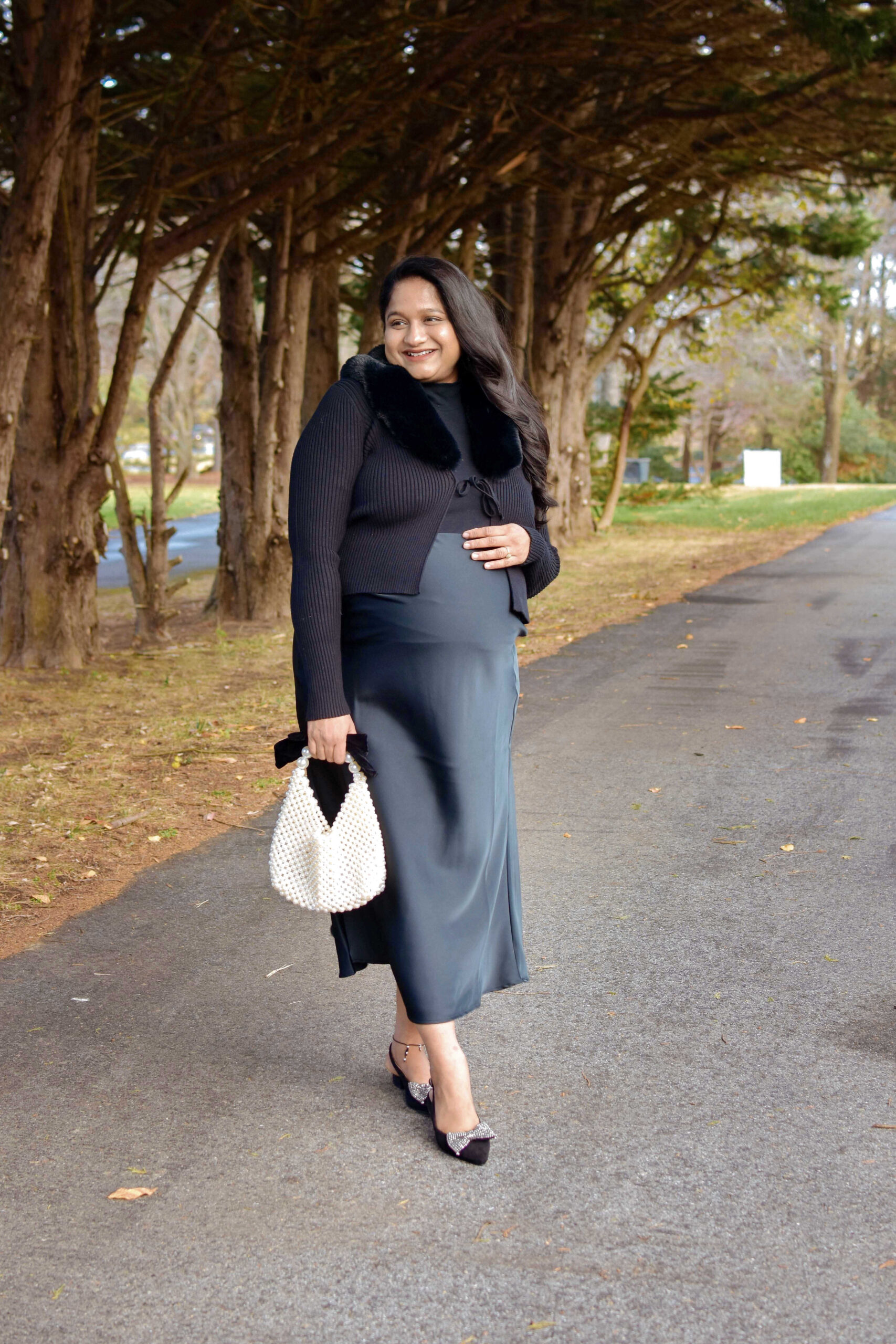 Maternity Holiday Style Guide_ Wearing Target Slip skirt, Draper James Draper James Tie Front Cardigan, Sugar Clovis Women's Dress Flats by Top US Fashion Blogger Dreaming Loud