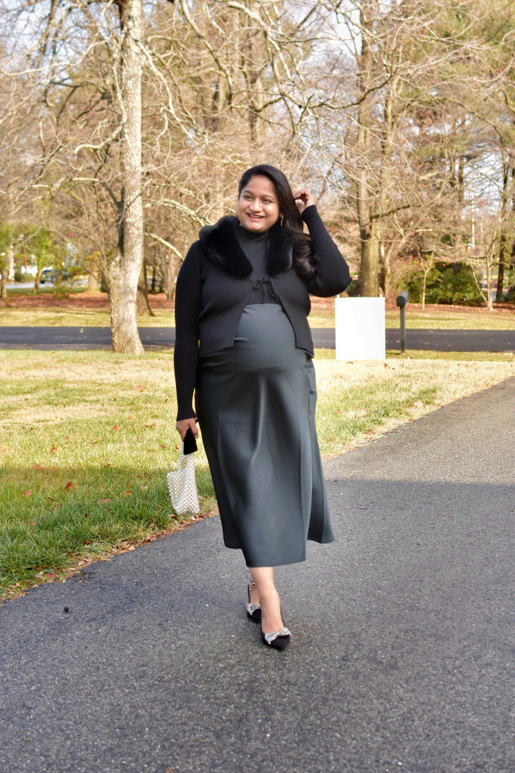 Maternity Holiday Style Guide_ Wearing Target Slip skirt, Draper James Draper James Tie Front Cardigan, Sugar Clovis Women's Dress Flats by Top US Fashion Blogger Dreaming Loud