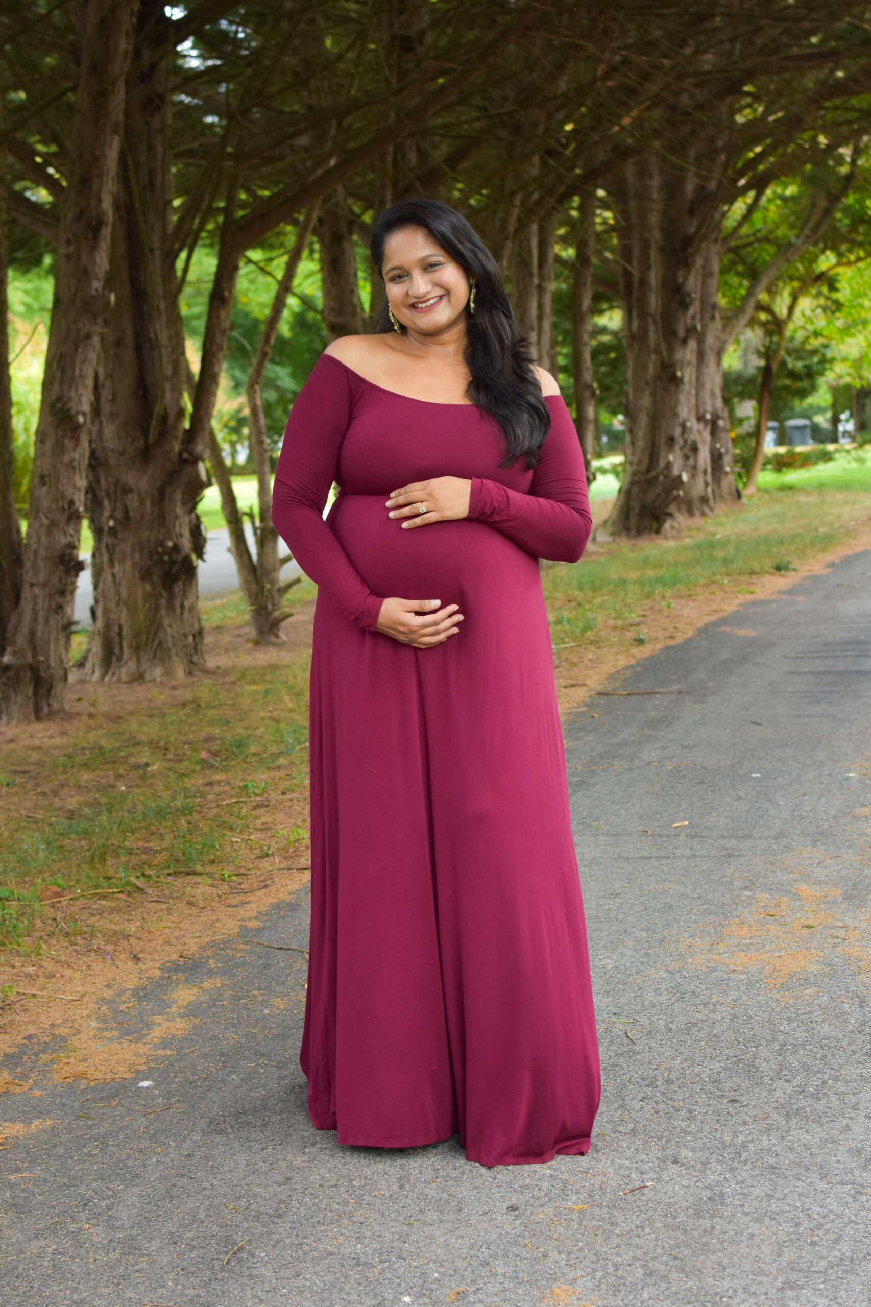 Your Ultimate Guide to Stunning Maternity Shoot Dresses 1- Wearing Pinkblush Off Shoulder Maternity Maxi Dress by Top US Mom Blogger Dreaming Loud