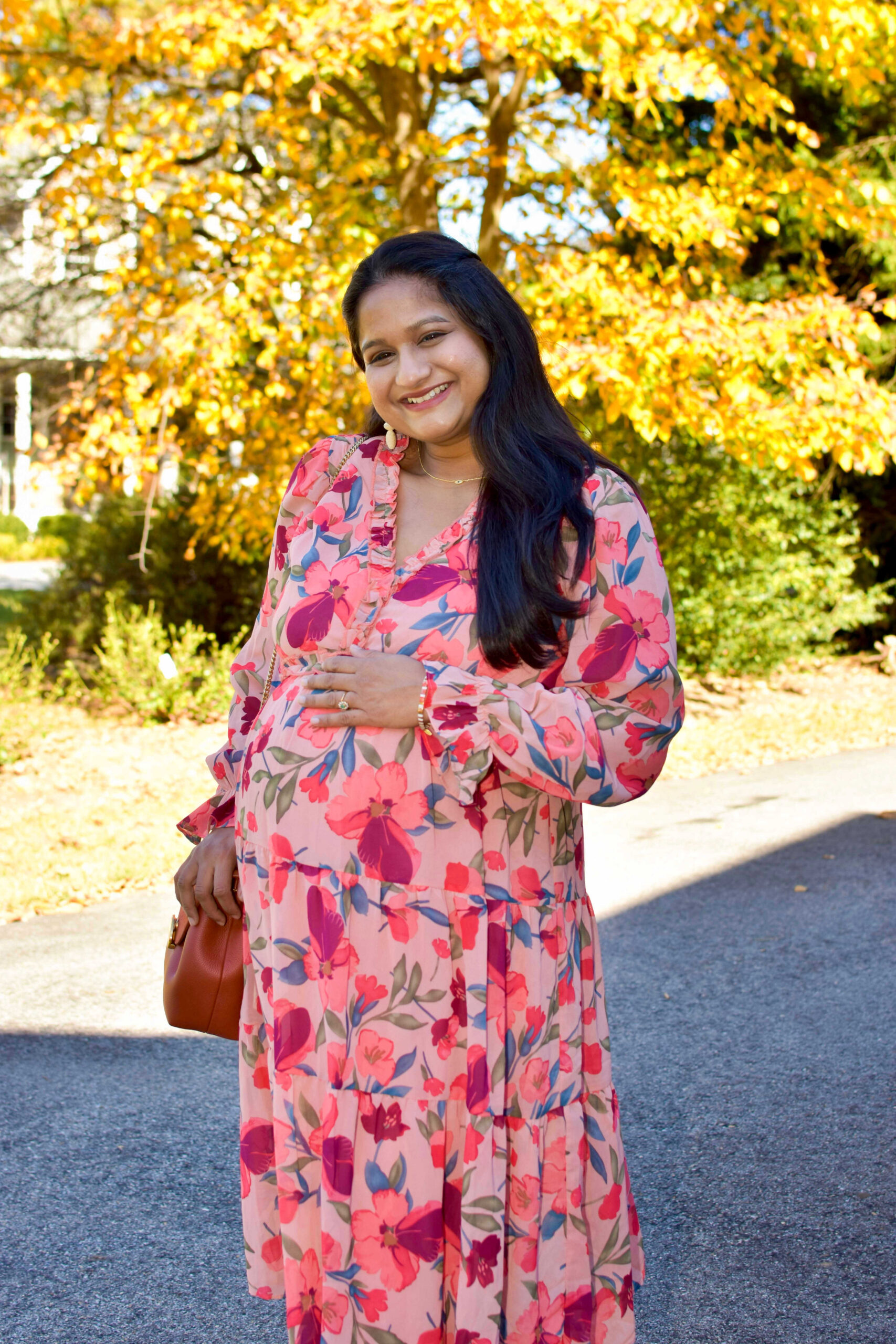 Your Ultimate Guide to Stunning Maternity Shoot Dresses - Wearing Pinkblush Maternity Mauve Floral Ruffle V-Neck Maternity Dress by Top US Mom Blogger Dreaming Loud