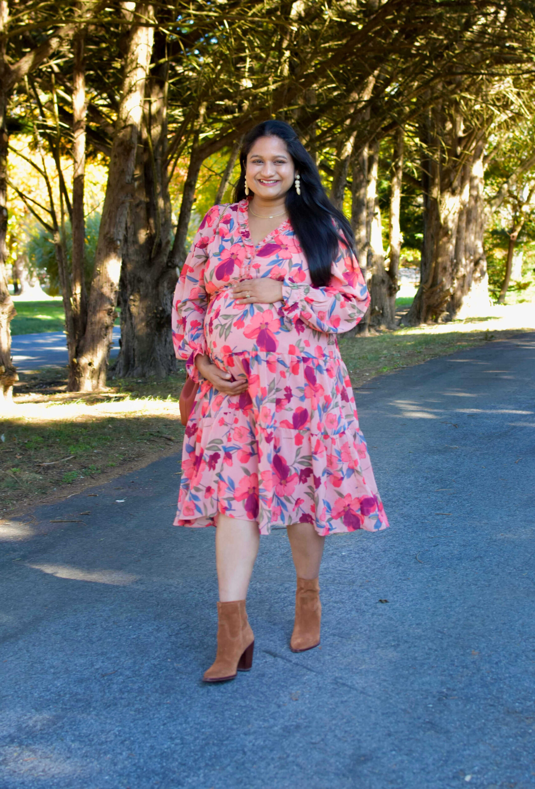 Maternity Holiday Style Guide-Maternity Shoot Dresses - Wearing Pinkblush Maternity Mauve Floral Ruffle V-Neck Maternity Dress by Top US Mom Fashion Blogger Dreaming Loud