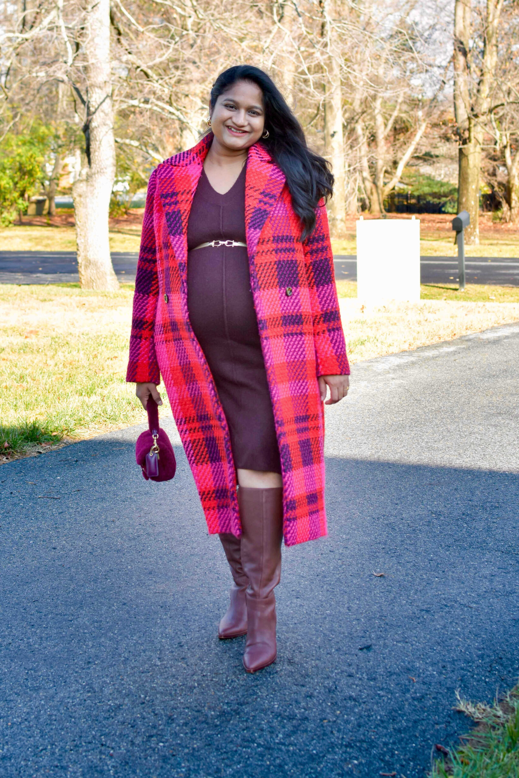 Maternity Holiday Outfit Ideas- Wearing Vince Camuto Women's Drop Shoulder Sweater Midi Dress, Dolce Vita Auggie Boots by Top US Mom Fashion Blogger Dreamijng Loud