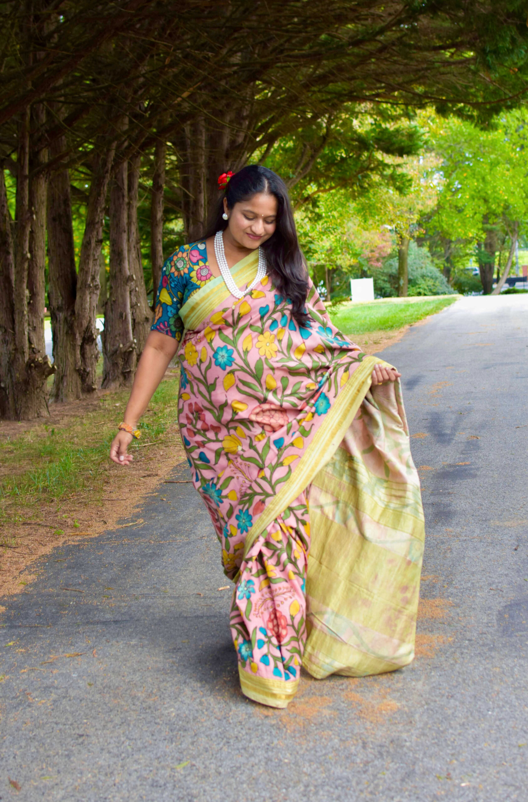 How to Style Saree During Pregnancy_ Top Saree Weaves and Fabrics to Embrace During Pregnancy- Wearing Mulberry Silk Kalamkari Saree by Top US Mom Blogger Dreaming Loud