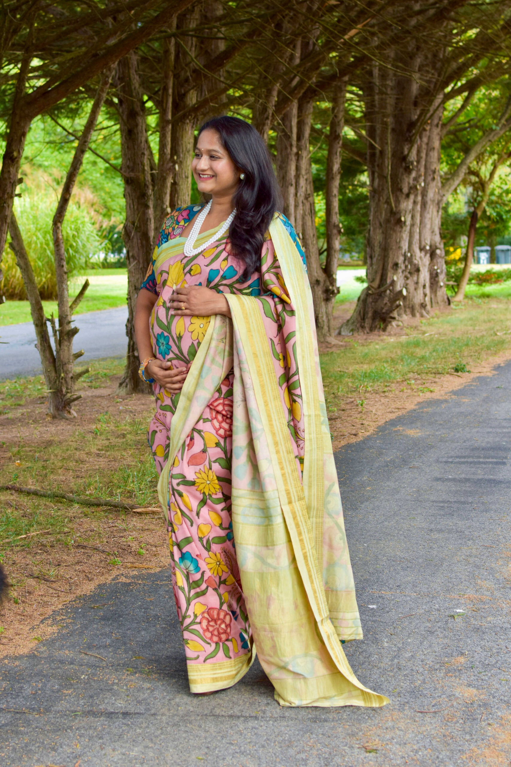 How to Style Saree During Pregnancy_ Top Saree Weaves and Fabrics to Embrace During Pregnancy- Wearing Mulberry Silk Kalamkari Saree by Top US Mom Blogger Dreaming Loud