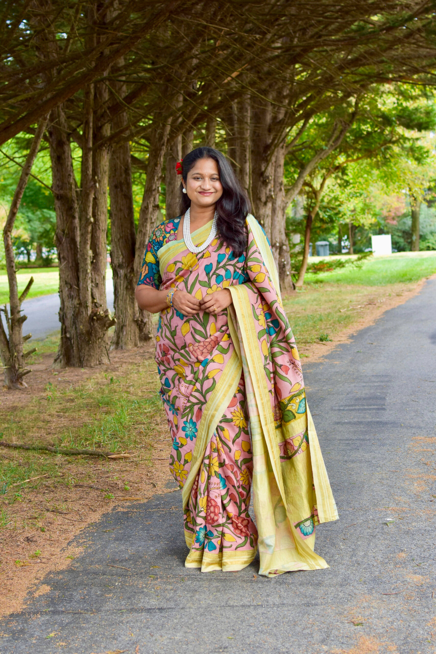 How to Style Saree During Pregnancy_ Top Saree Weaves and Fabrics to Embrace During Pregnancy- Wearing Mulberry Silk Kalamkari Saree by Top US Mom Blogger Dreaming Loud