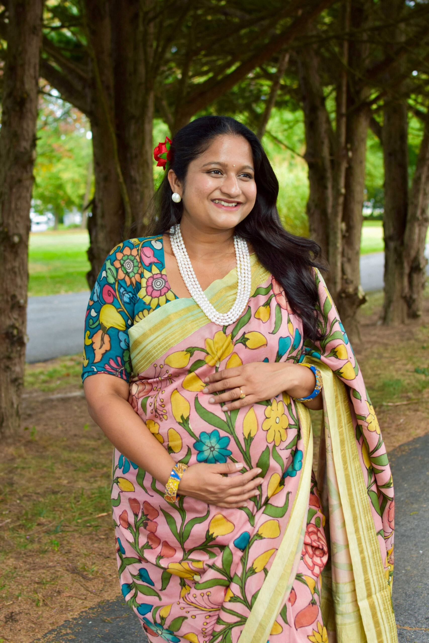 How to Style Saree During Pregnancy_ Top Saree Weaves and Fabrics to Embrace During Pregnancy- Wearing Mulberry Silk Kalamkari Saree by Top US Mom Blogger Dreaming Loud