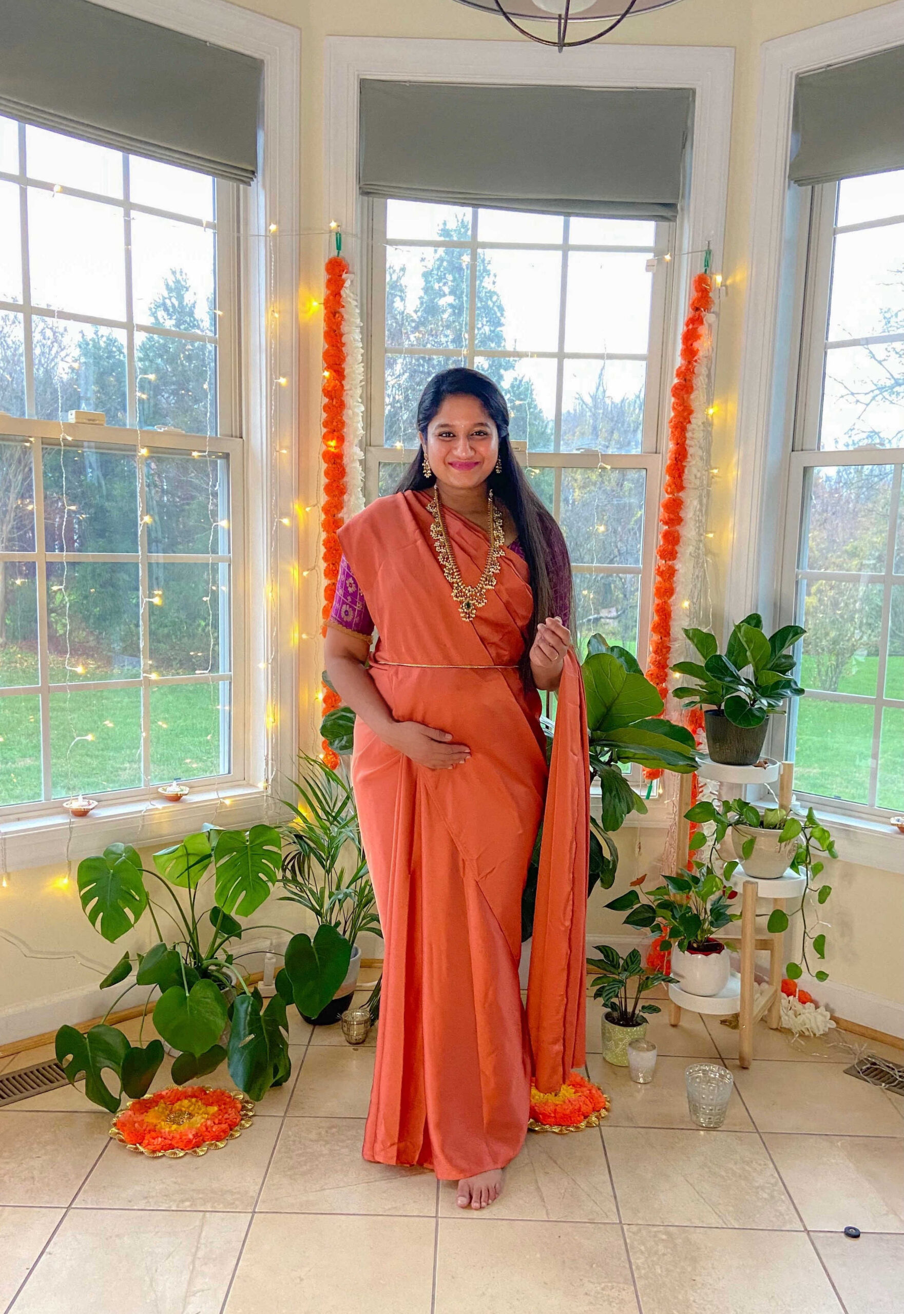 How to Style Saree During Pregnancy_ Top Saree Weaves and Fabrics to Embrace During Pregnancy-Wearing TiaBhuva Luxe Satin Saree by Top US Saree Blogger Dreaming Loud