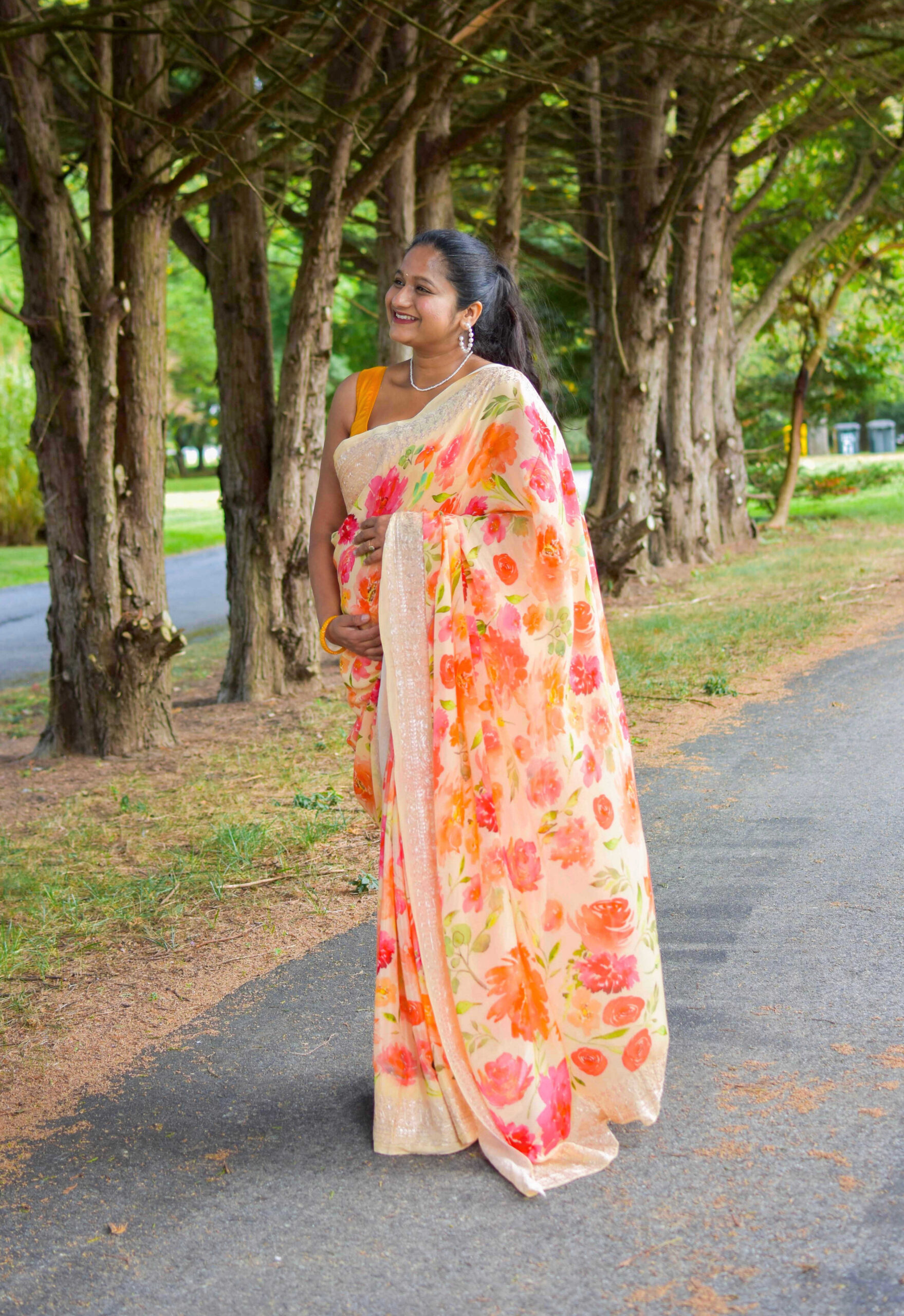 How to Style Saree During Pregnancy_ Top Saree Weaves and Fabrics to Embrace During Pregnancy- how to wear floral chiffon saree with sleeveless blouse by Top US Mom Fashion Blogger Dreaming Loud