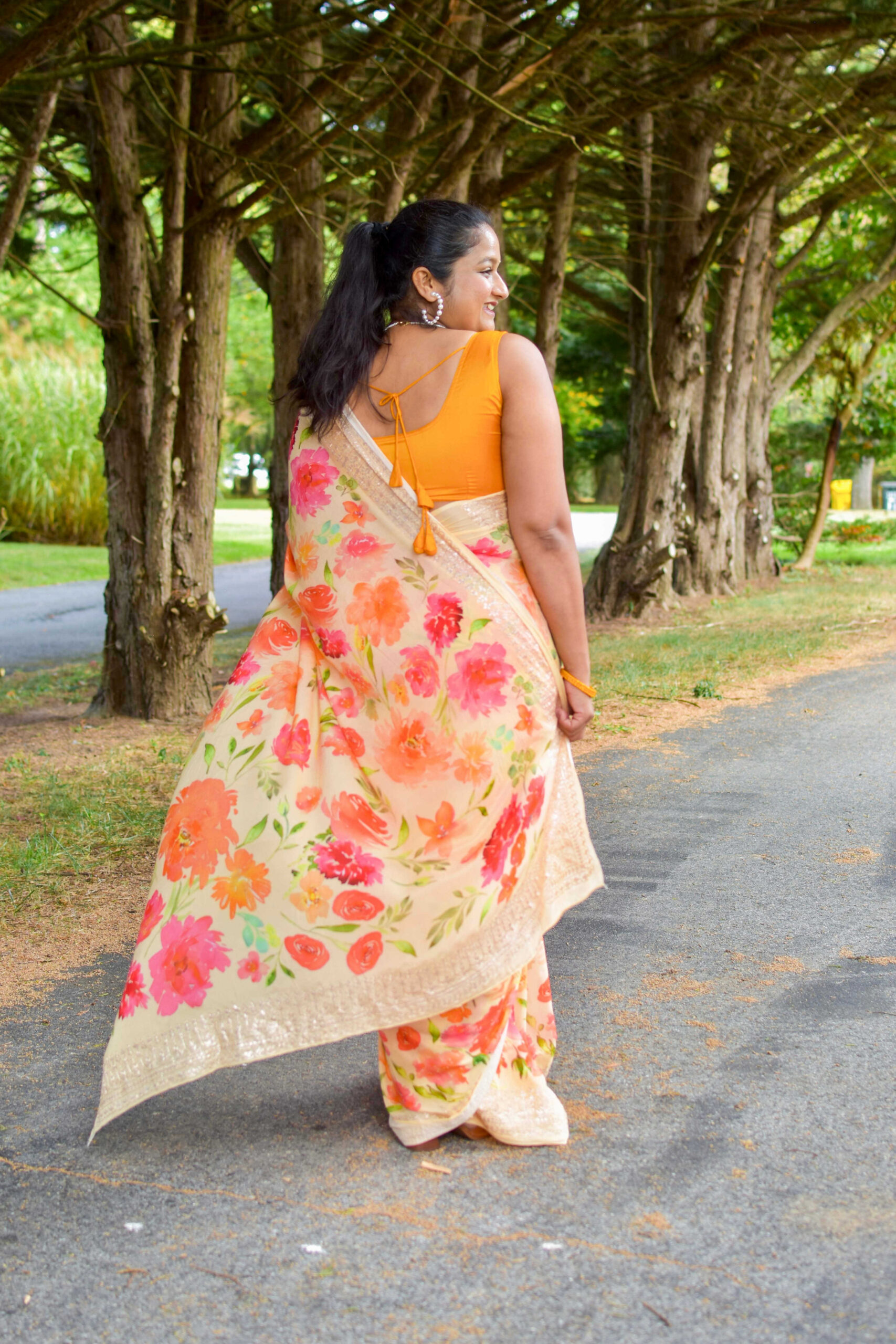 How to Style Saree During Pregnancy_ Top Saree Weaves and Fabrics to Embrace During Pregnancy- how to wear floral chiffon saree with sleeveless blouse by Top US Mom Fashion Blogger Dreaming Loud