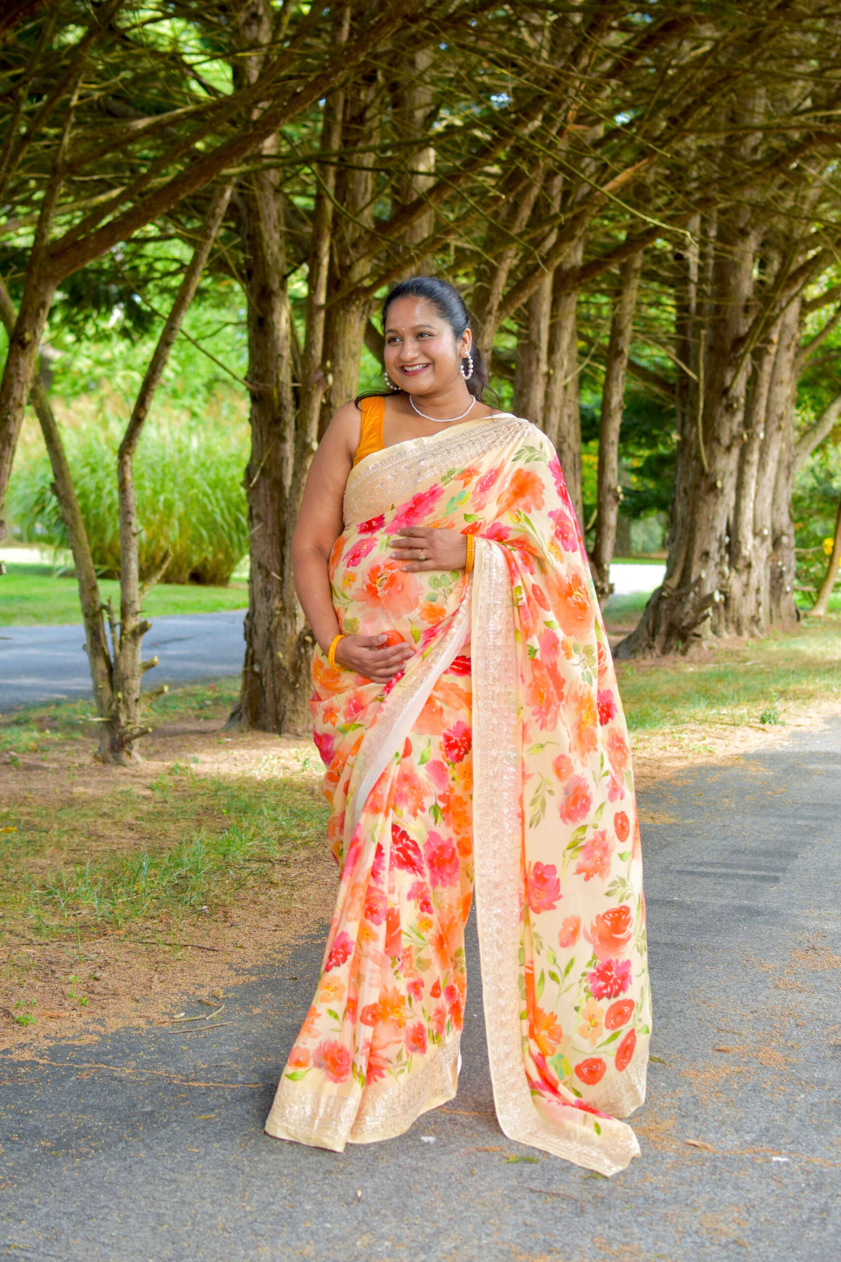 How to Style Saree During Pregnancy_ Top Saree Weaves and Fabrics to Embrace During Pregnancy- how to wear floral chiffon saree with sleeveless blouse by Top US Mom Fashion Blogger Dreaming Loud