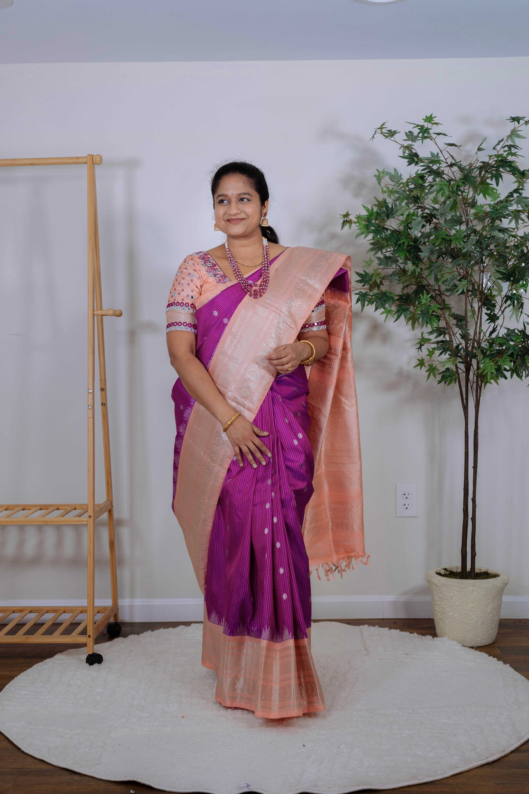 How to Style a Saree During Pregnancy_ Top Saree Weaves and Fabrics to Embrace During Pregnancy-wearing Purple and pink Gadwal Saree by Top Us Mom Fashion Blogger Dreaming Loud