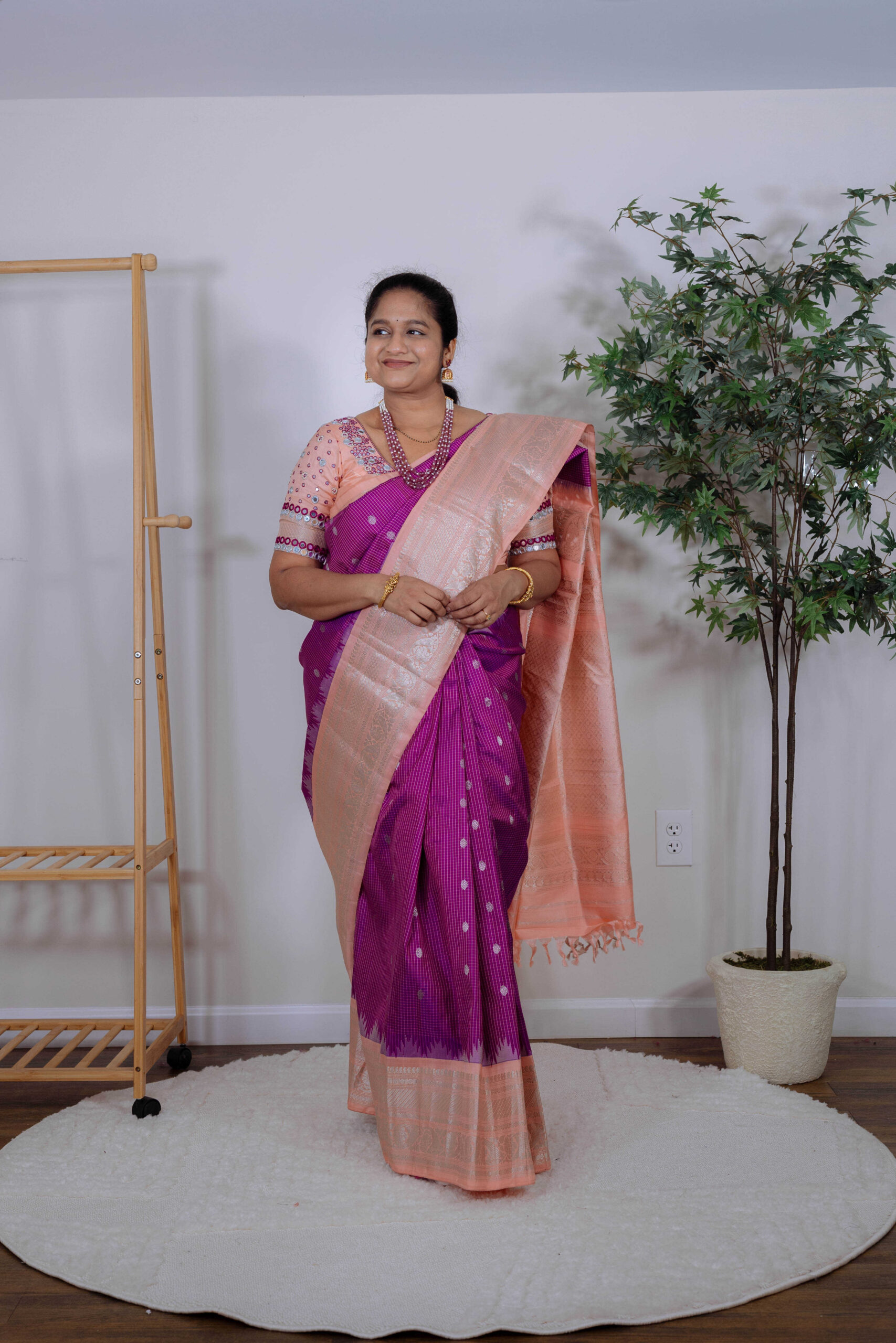 How to Style a Saree During Pregnancy_ Top Saree Weaves and Fabrics to Embrace During Pregnancy-wearing Purple and pink Gadwal Saree by Top Us Mom Fashion Blogger Dreaming Loud