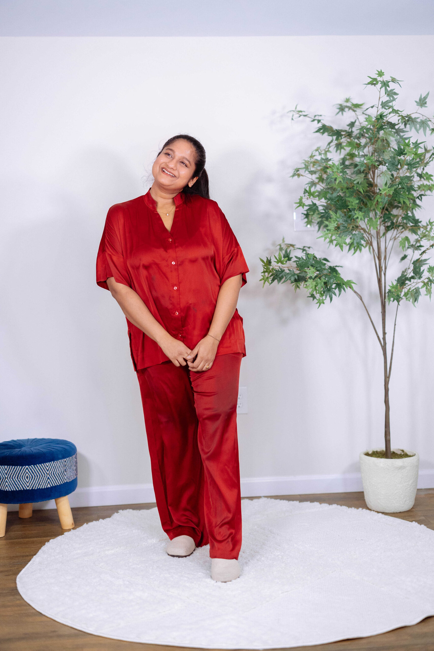 What to Wear with Satin Pants- Soma Satin wide leg pant pajamas by Top Us Mom Fashion Blogger Dreaming Loud