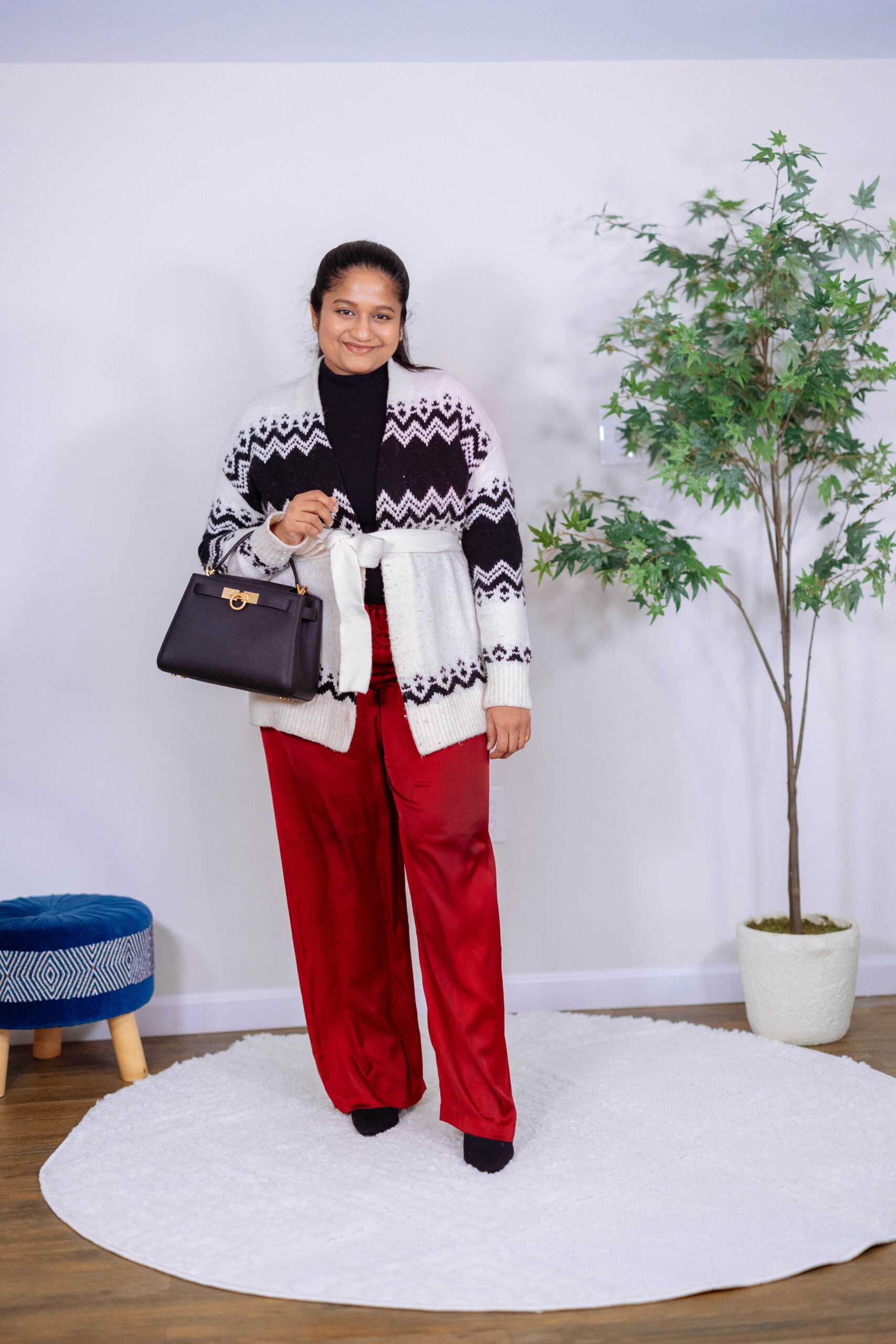 What to Wear with Satin Pants- Wearing SOma Intimates Satin Pajama Pants, Fair isle cardigan, Parissa Wang Madison Large Top Handle Bag by Top US Mom Fashion Blogger Dreaming Loud