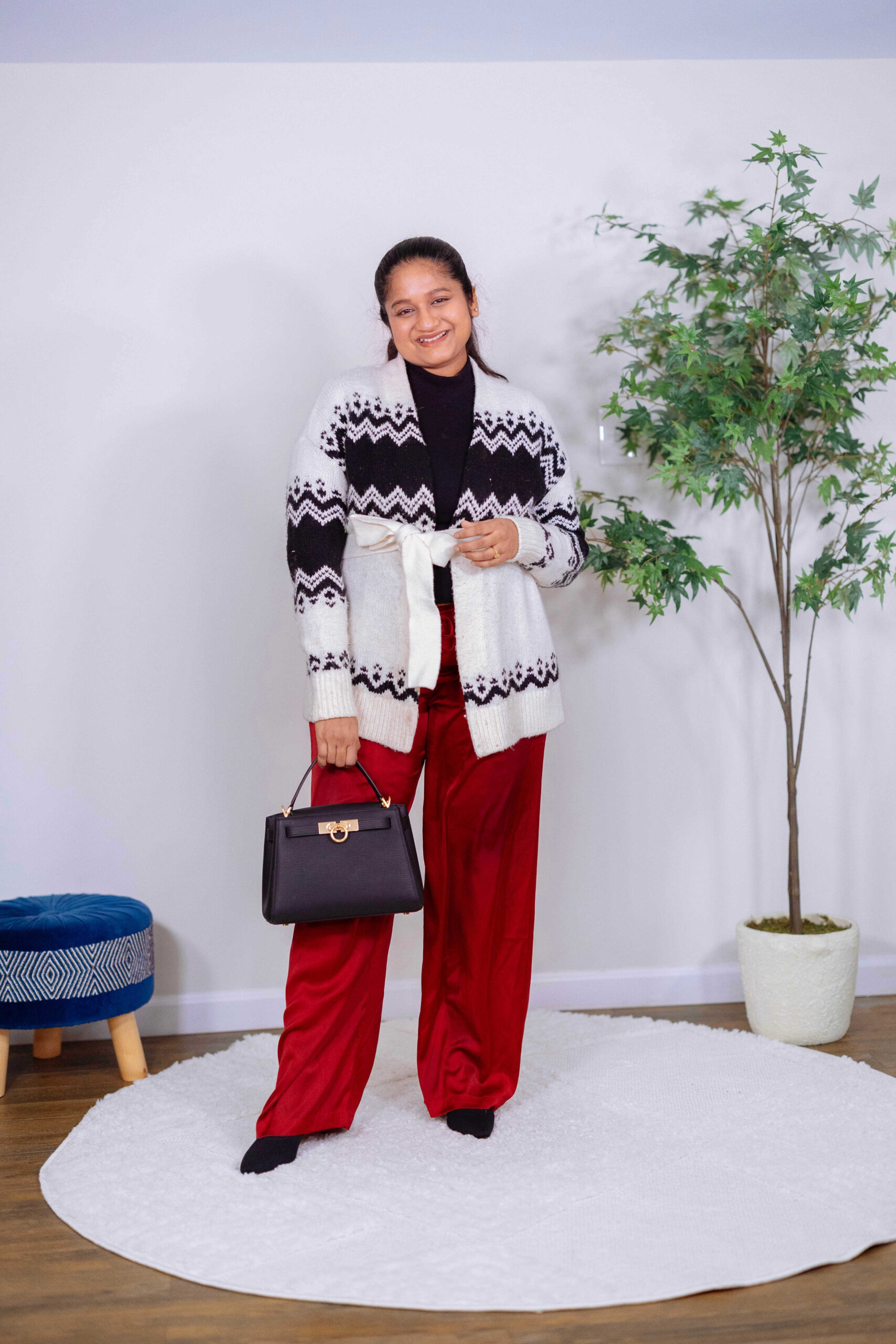 What to Wear with Satin Pants- Wearing SOma Intimates Satin Pajama Pants, Fair isle cardigan, Parissa Wang Madison Large Top Handle Bag by Top US Mom Fashion Blogger Dreaming Loud