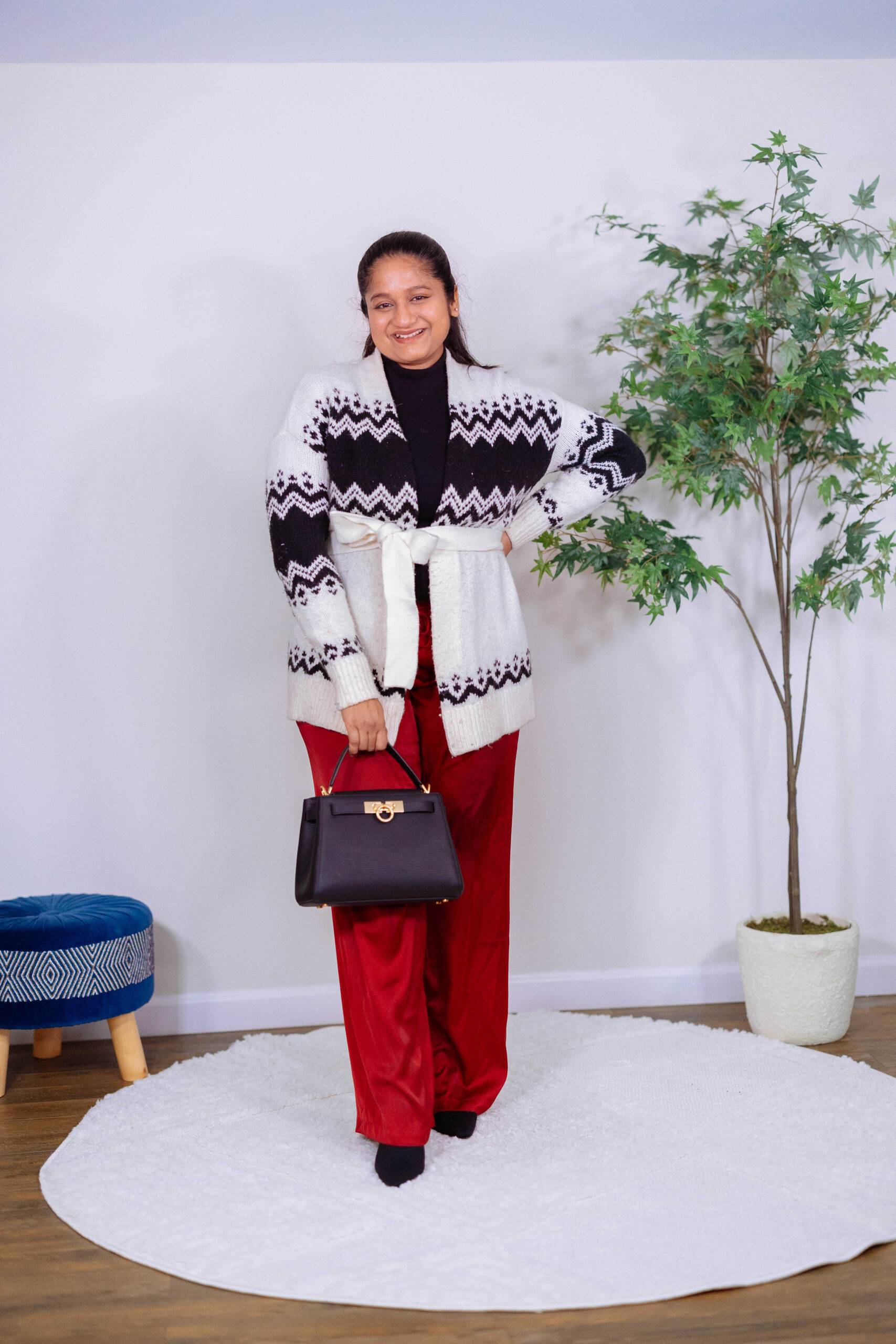 What to Wear with Satin Pants- Wearing SOma Intimates Satin Pajama Pants, Fair isle cardigan, Parissa Wang Madison Large Top Handle Bag by Top US Mom Fashion Blogger Dreaming Loud