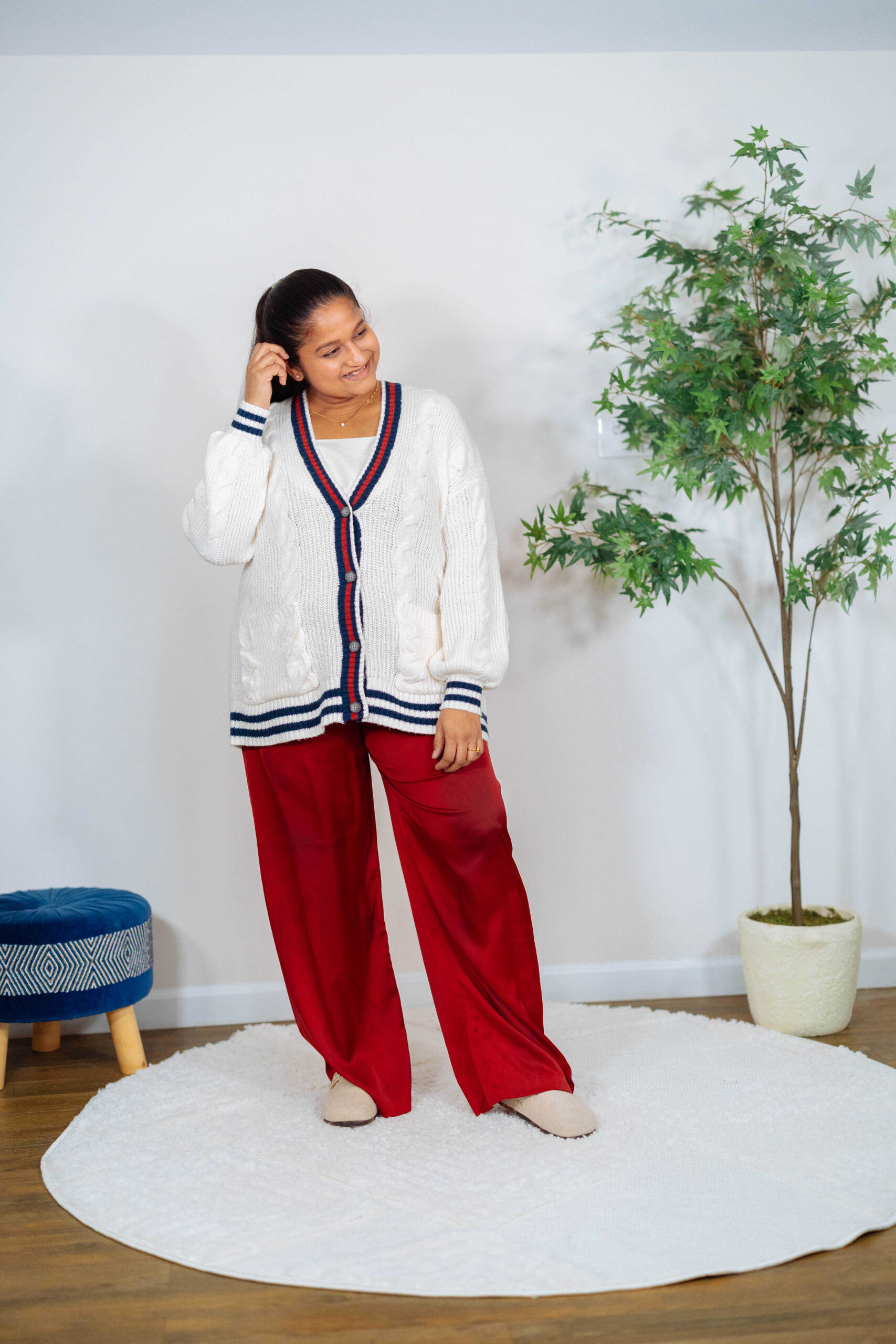 What to Wear with Satin Pants- Wearing SOma Intimates satin wide leg pajama pant, amazon varsity cardigan, Rothys The Buckle Clog by top US Mom fashion blogger Dreaming Loud