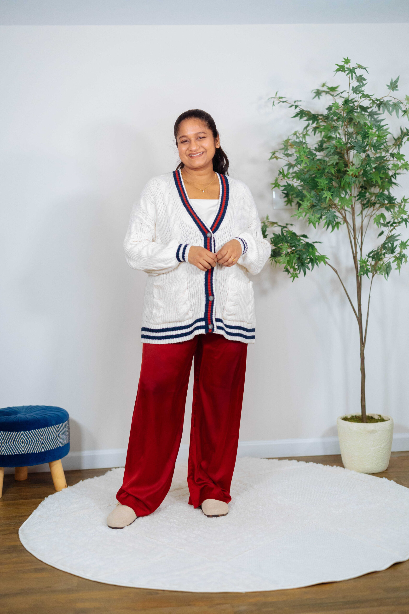 What to Wear with Satin Pants- Wearing SOma Intimates satin wide leg pajama pant, amazon varsity cardigan, Rothys The Buckle Clog by top US Mom fashion blogger Dreaming Loud